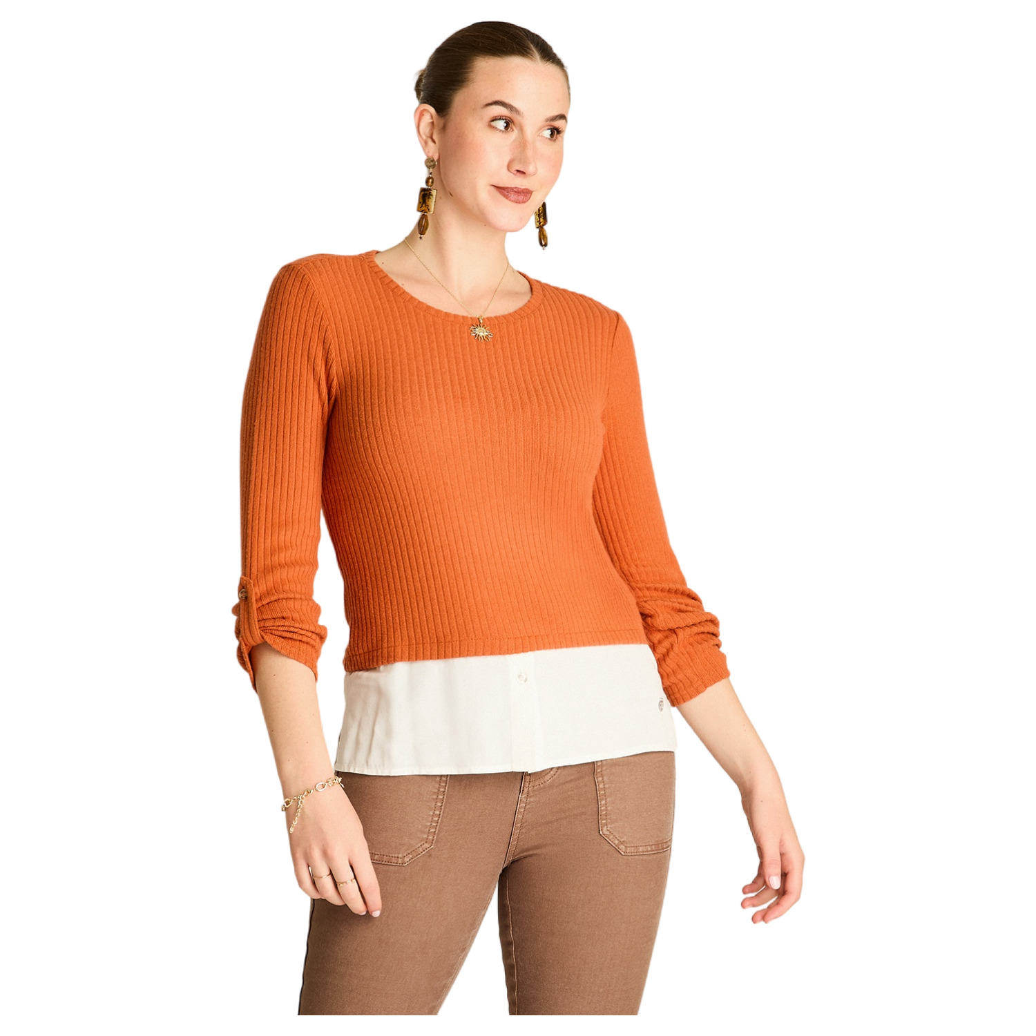 Polera de Lanilla Terracota Manga Larga con Roll Up-0