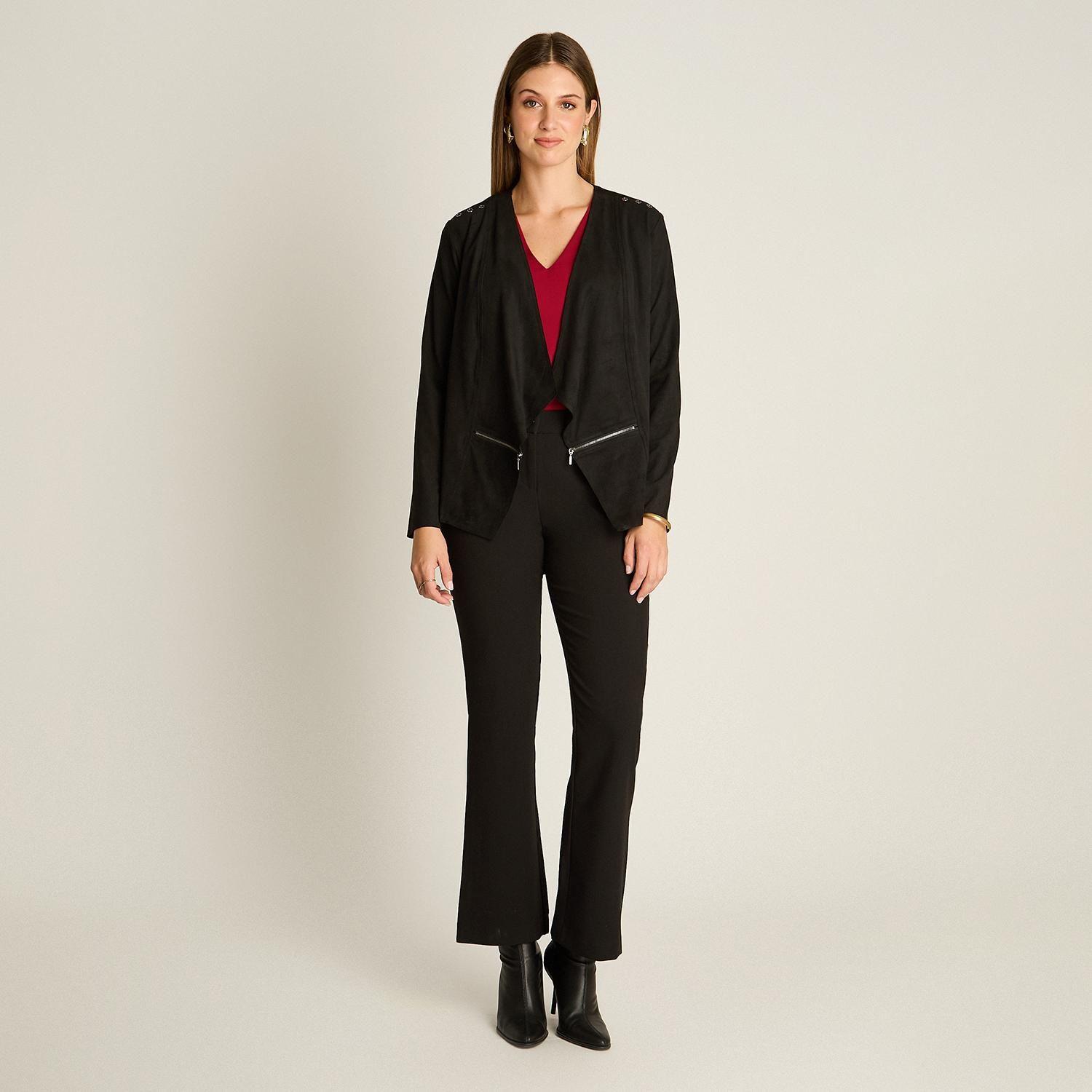 Chaqueta Suede Mujer Diseño Asimétrico Negra Manga Larga-3