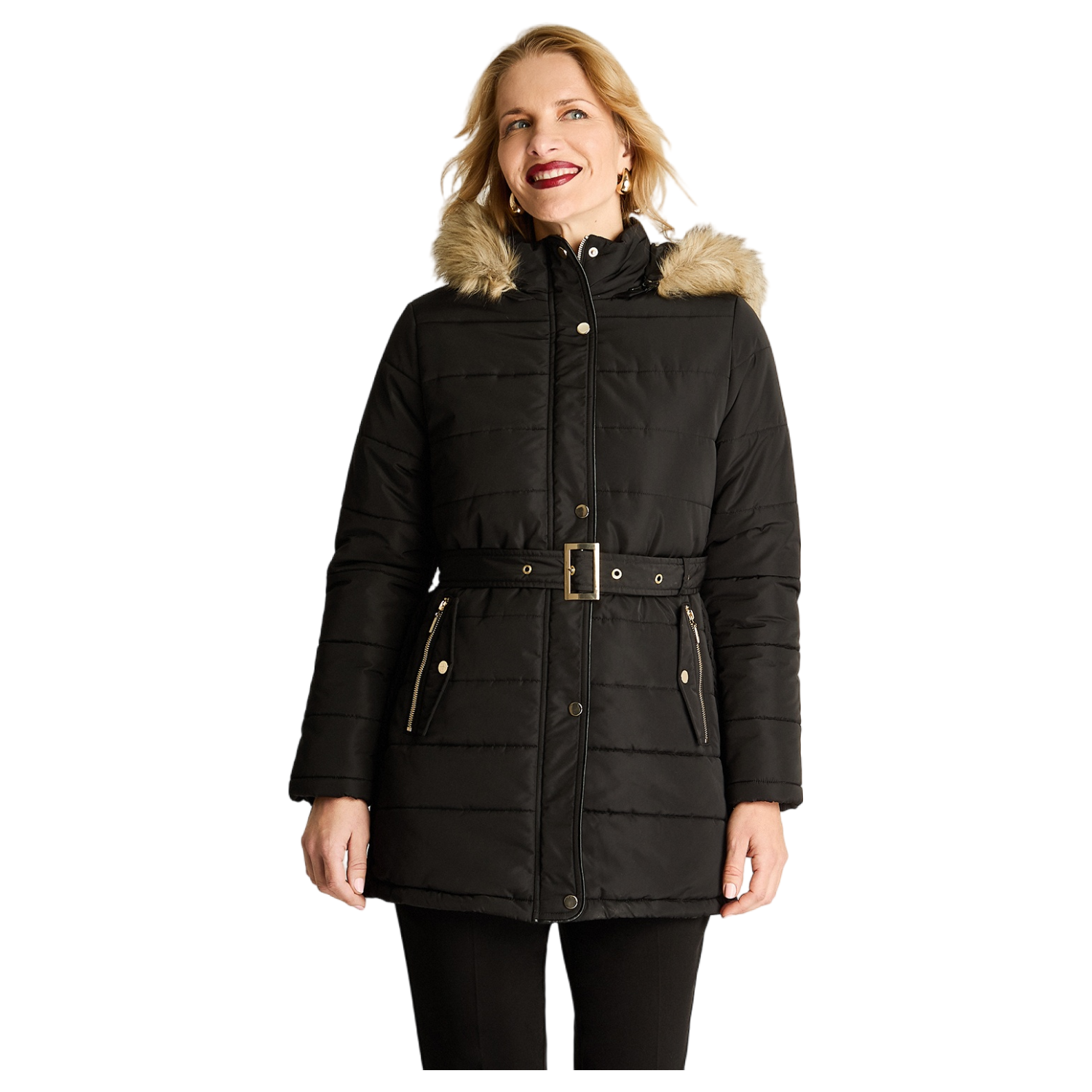 Parka Larga Gruesa Forrada Con Cinturón Negro-4