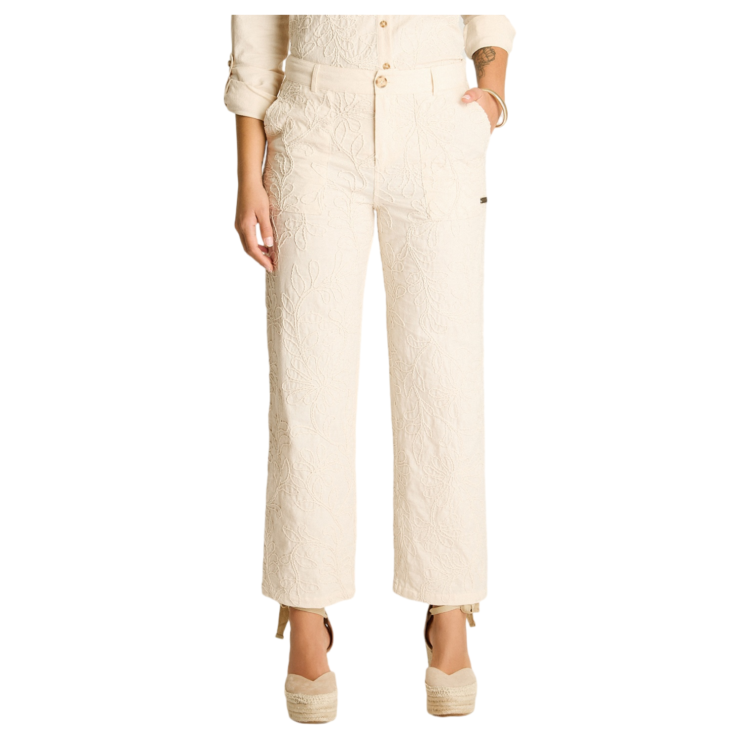 Pantalón Recto Arena Bordado con Bolsillos-0