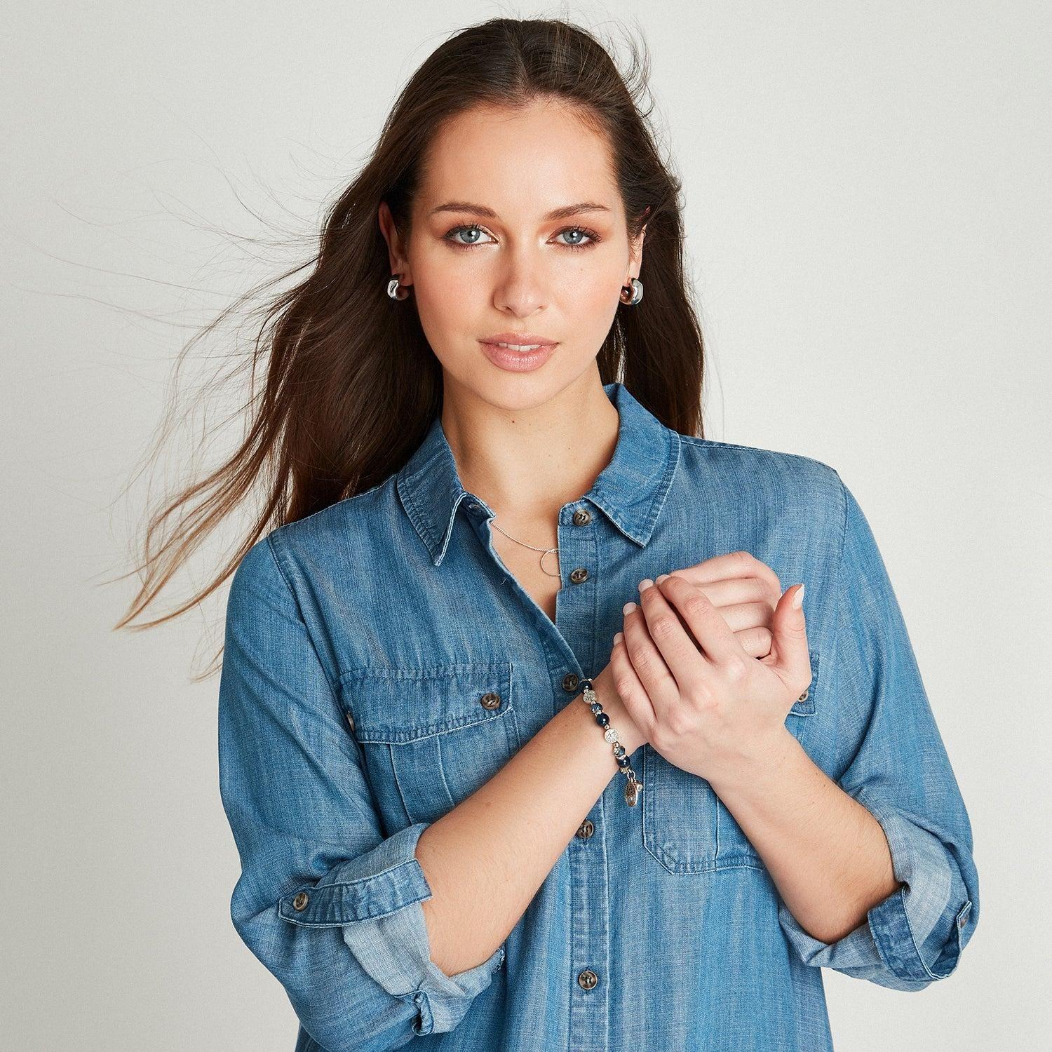Blusa Azul Medio Manga Larga Cuello Camisero-2