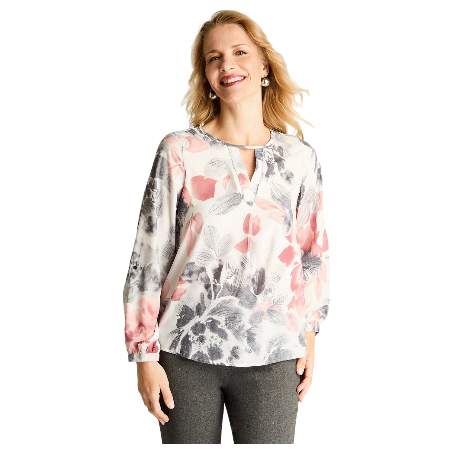 Blusa Manga Larga Escote Redondo Estampada Gris-0