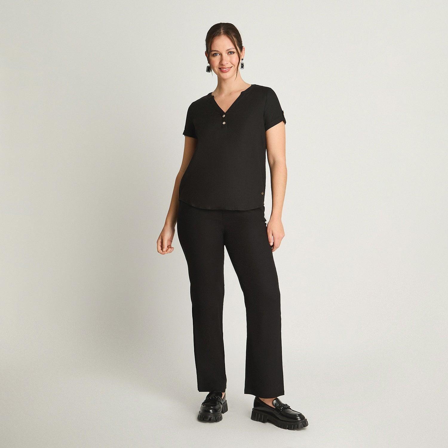 Blusa Manga Corta Cuello Mao Negro-3