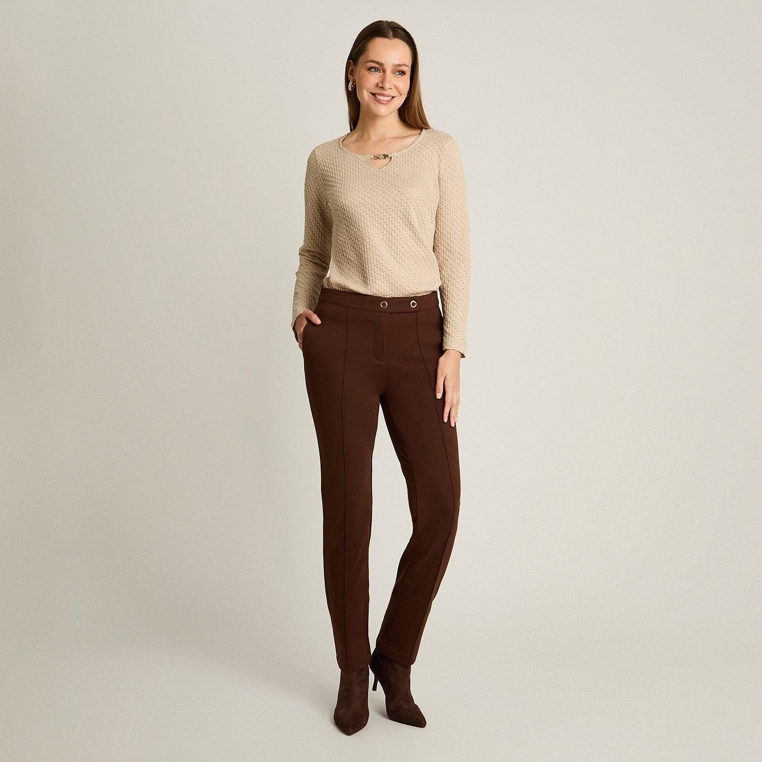 Calza Cafe Elasticidad Media Sin Forro Calce Normal Tela Punto-3