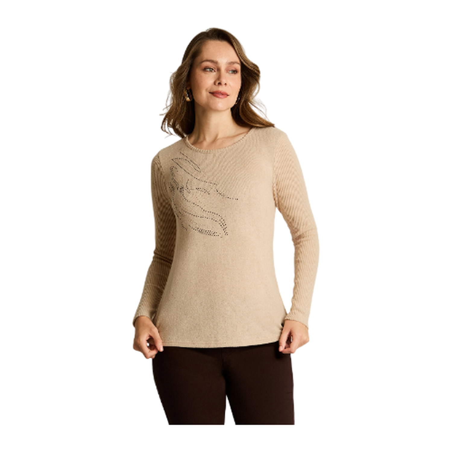 Polera Beige Manga Larga Elasticidad Media Sin Forro Calce Normal Tela Punto-0