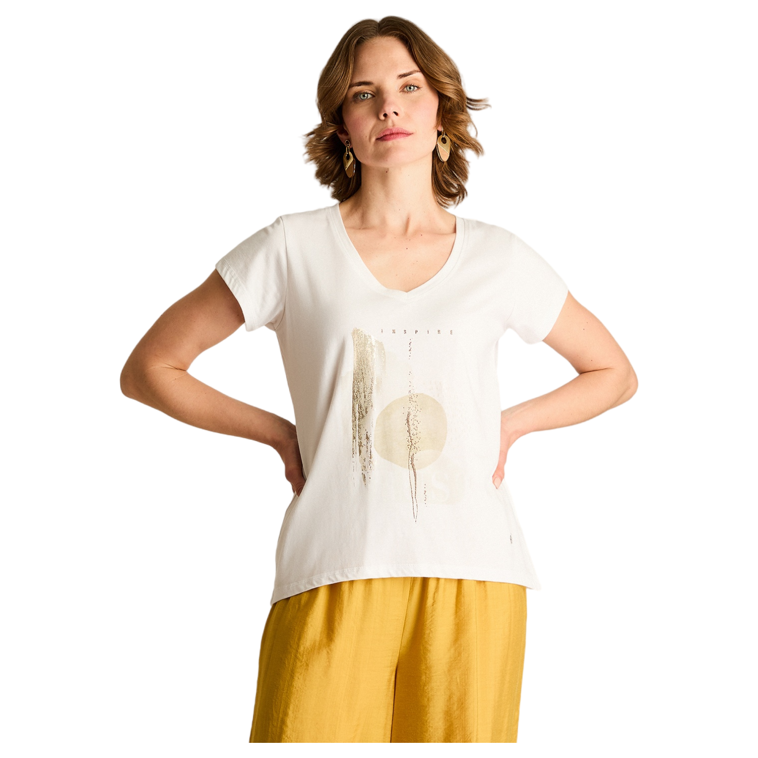 Polera Blanca con Estampado Frontal y Escote en V-0