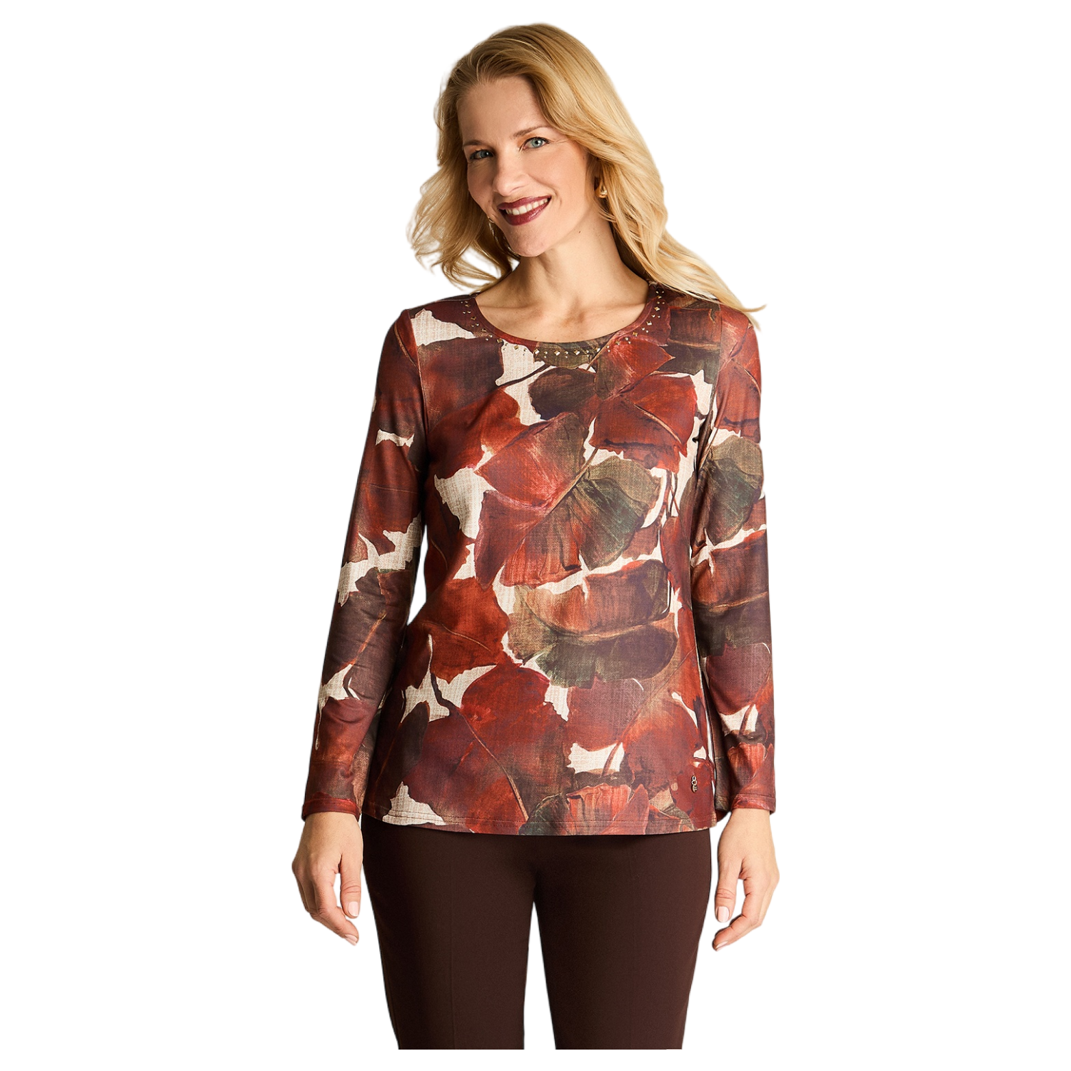 Polera Estampada Escote Redondo Con Tachas Terracota-0