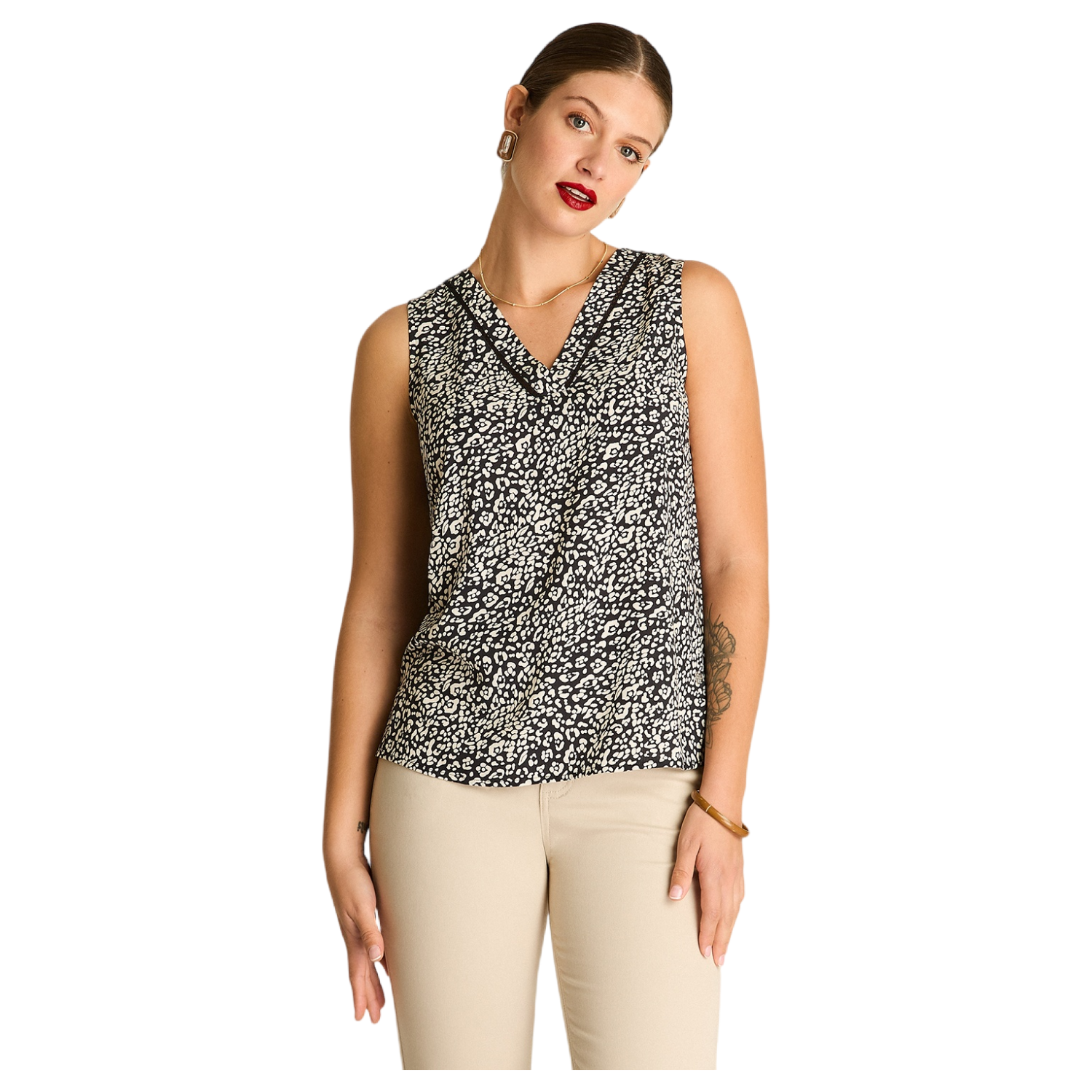 Blusa sin Mangas Estampada con Escote en V-0