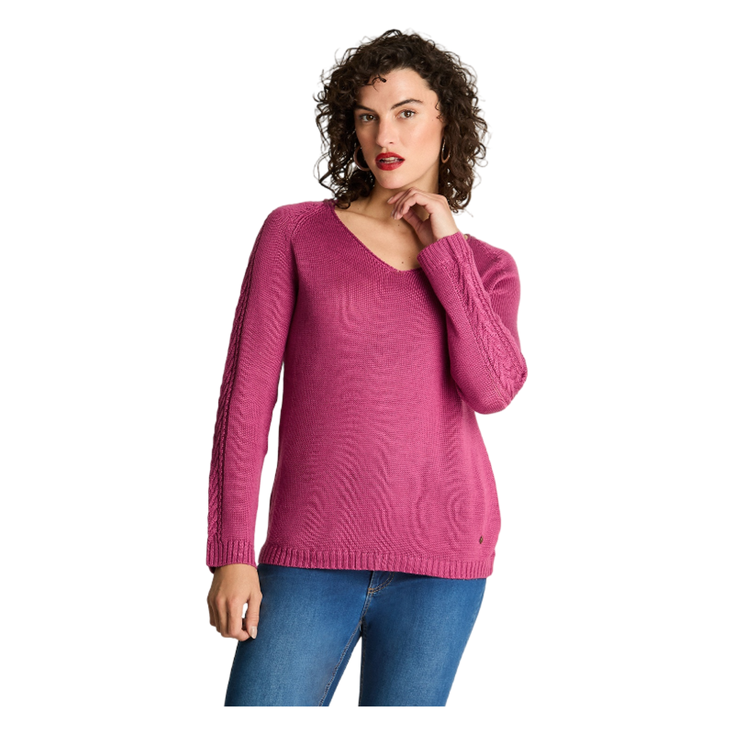 Sweater Manga Larga Escote V Básico Fucsia-0