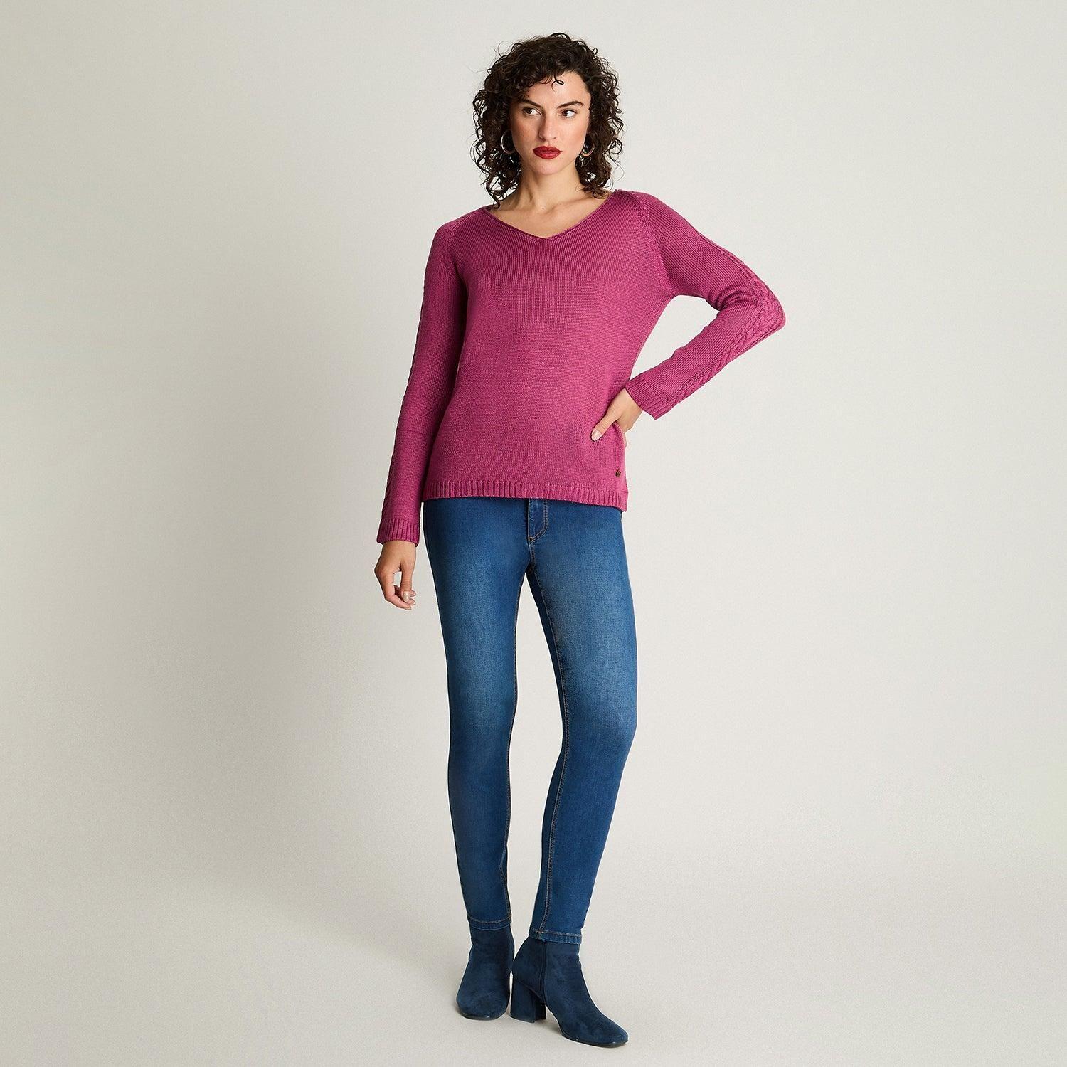 Sweater Manga Larga Escote V Básico Fucsia-3