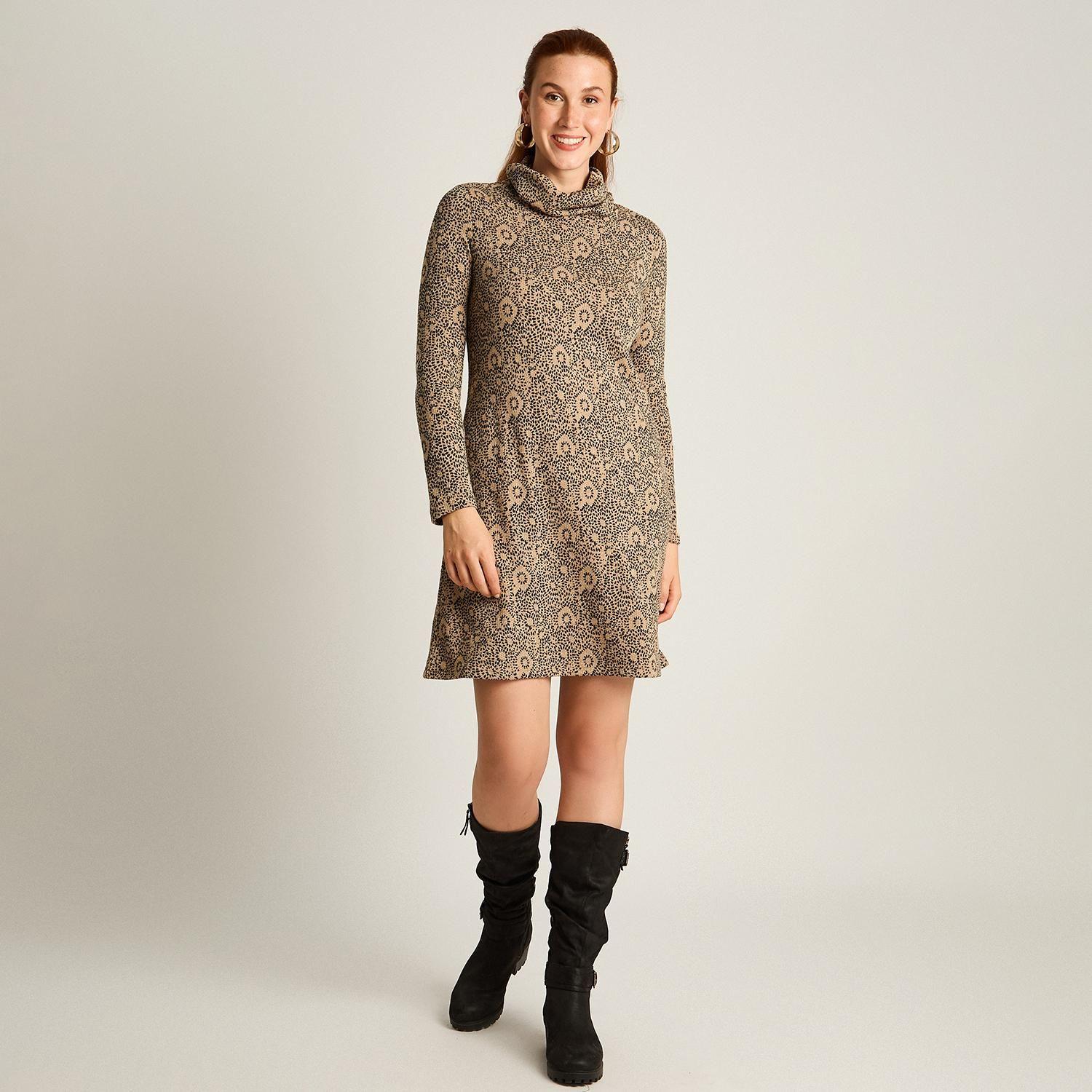 Vestido Midi Camel en Lanilla con Cuello Alto y Estampado Circular-3