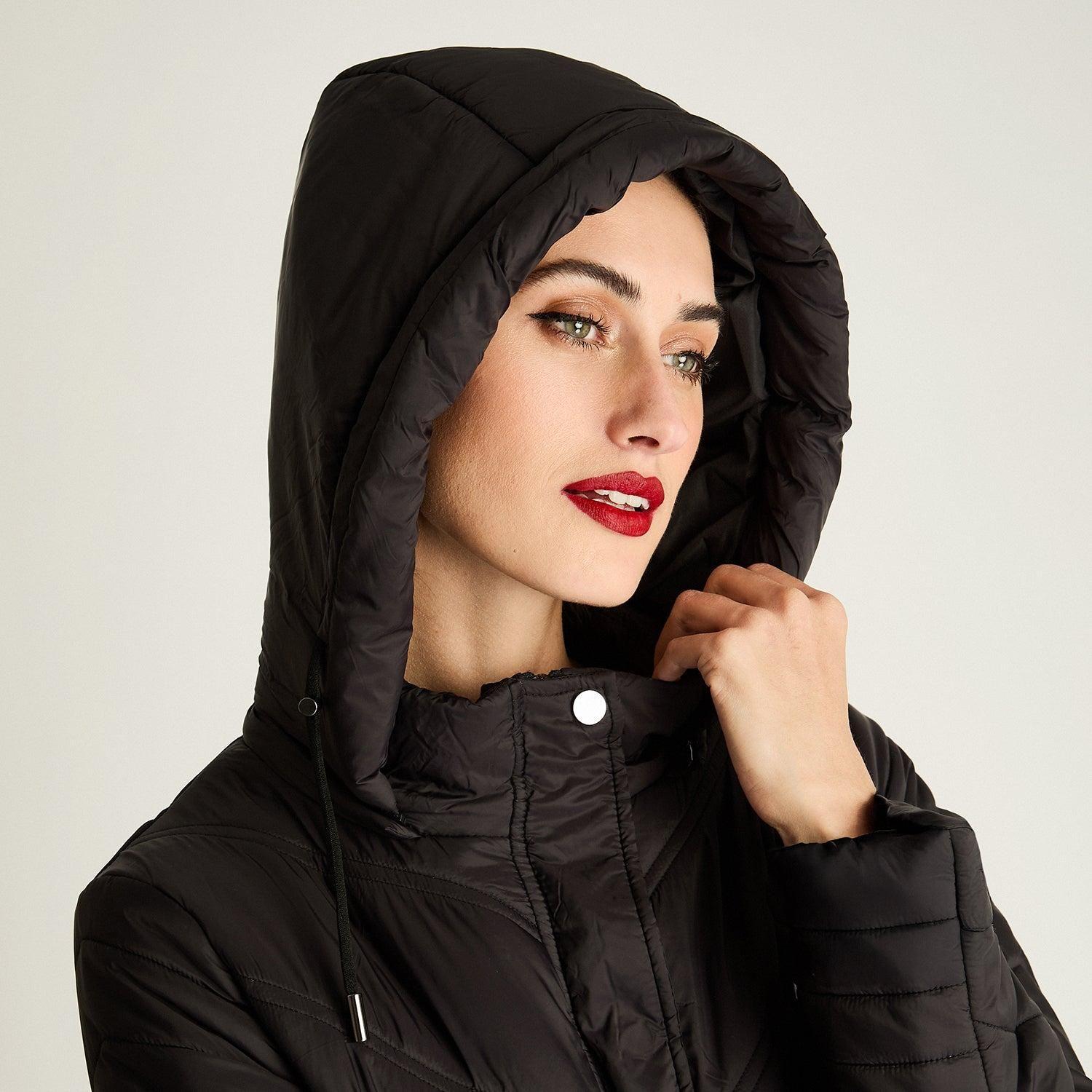 Parka Larga Con Cierre Frontal Y Gorro Negro-1