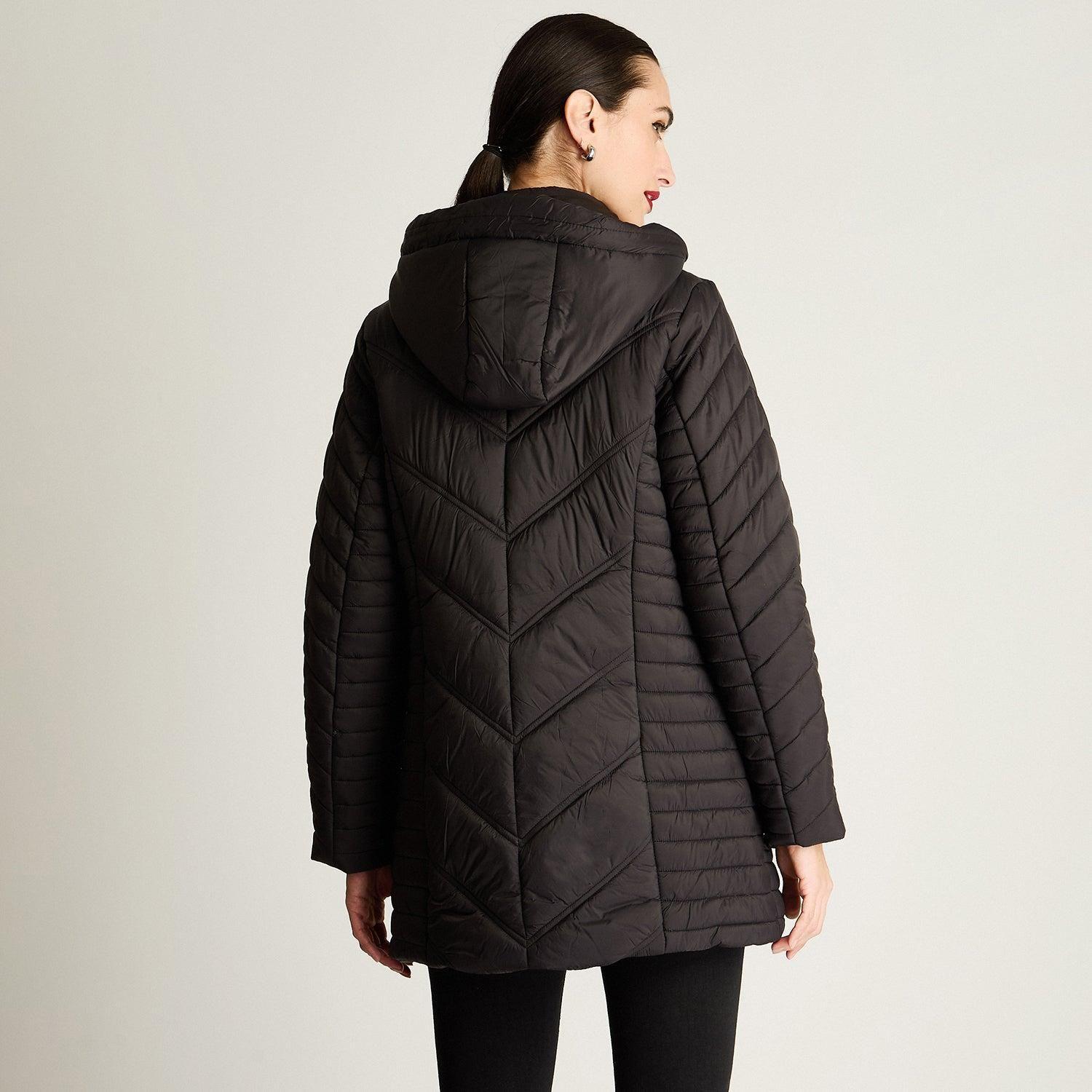 Parka Larga Con Cierre Frontal Y Gorro Negro-0