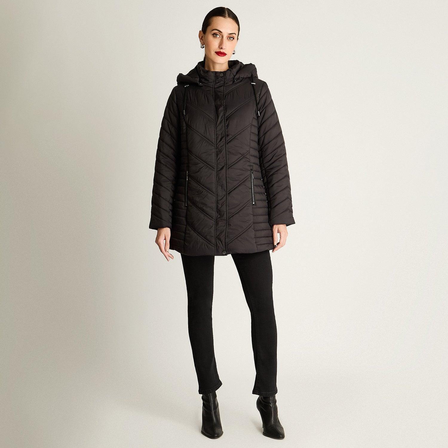 Parka Larga Con Cierre Frontal Y Gorro Negro-2