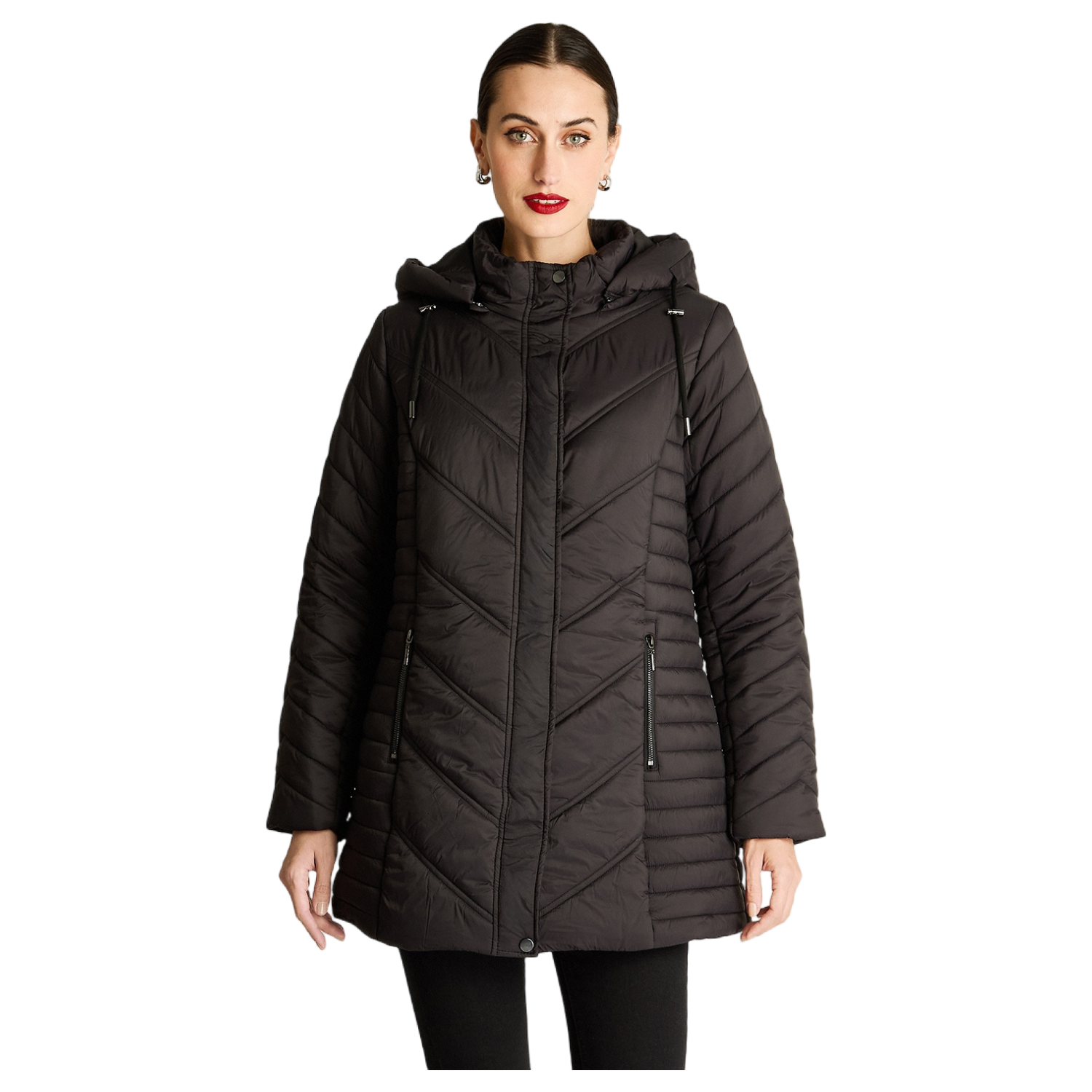 Parka Larga Con Cierre Frontal Y Gorro Negro-4