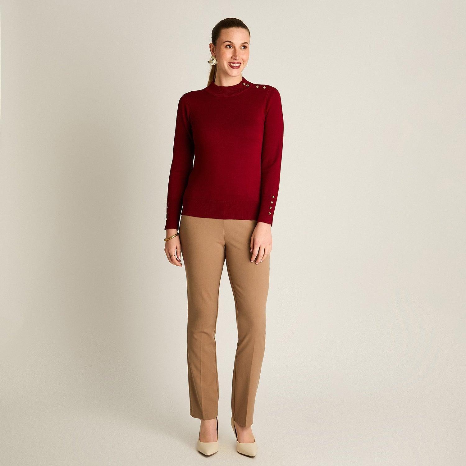 Sweater Rojo Cuello Mock con Botones en Hombro y Mangas-3