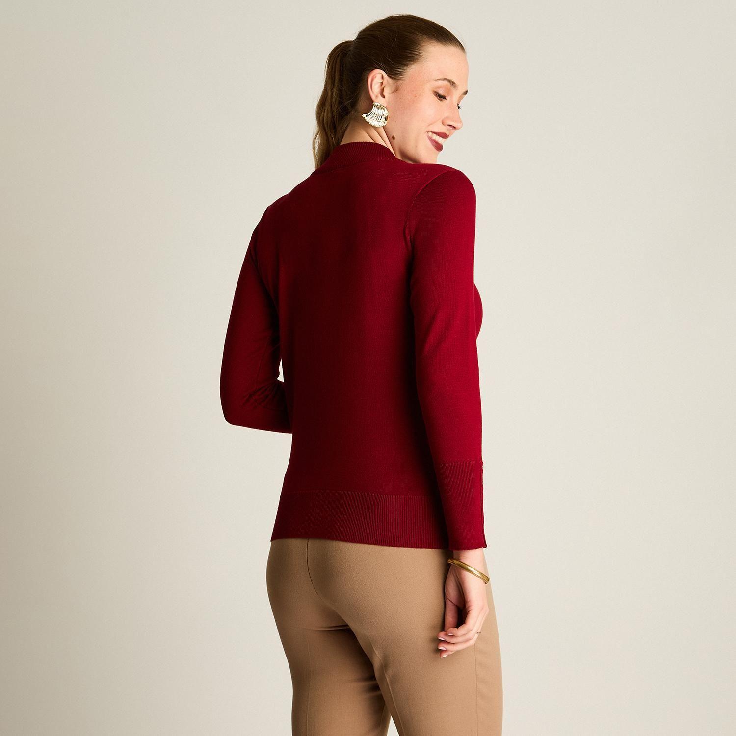 Sweater Rojo Cuello Mock con Botones en Hombro y Mangas-1