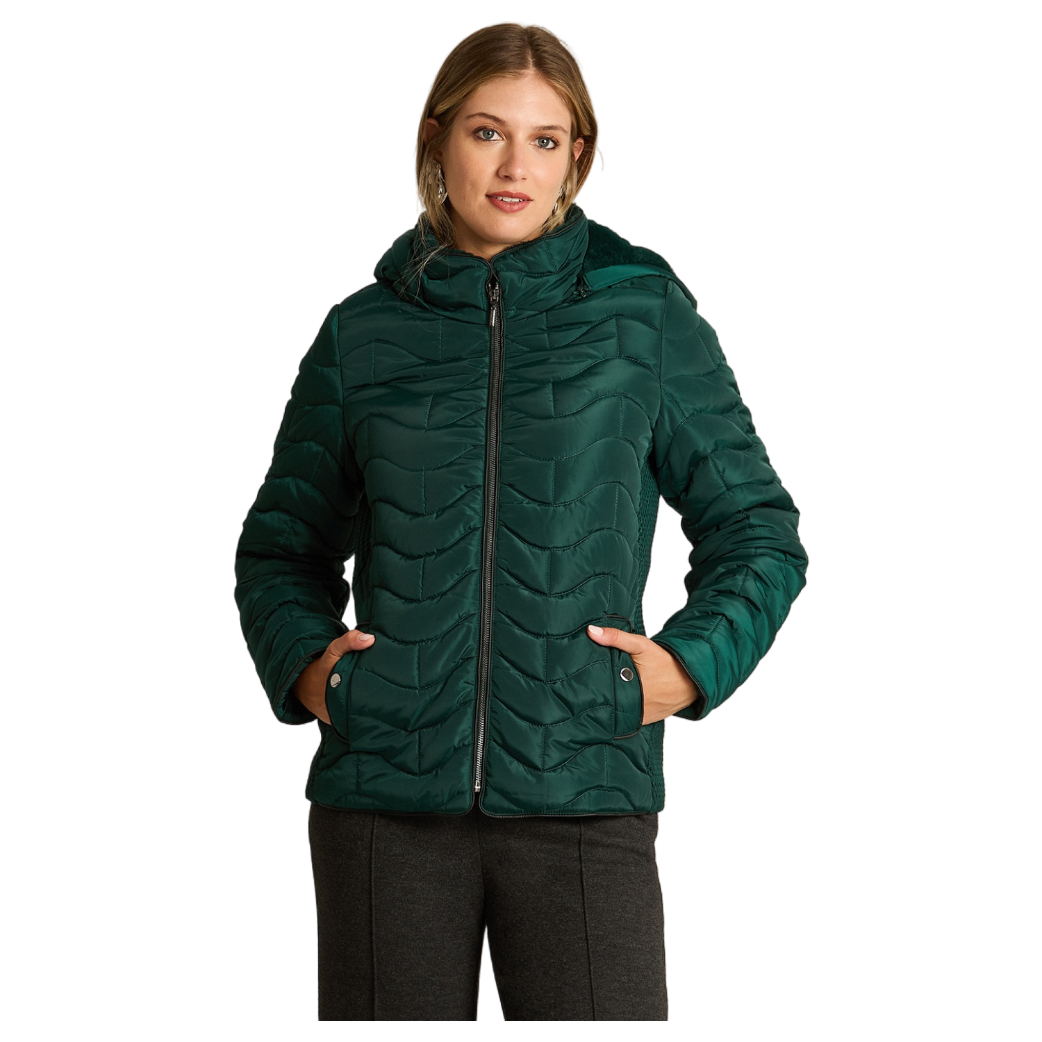 Parka Corta Verde con Diseño Quilted en Ondas, Forro y Gorro-0
