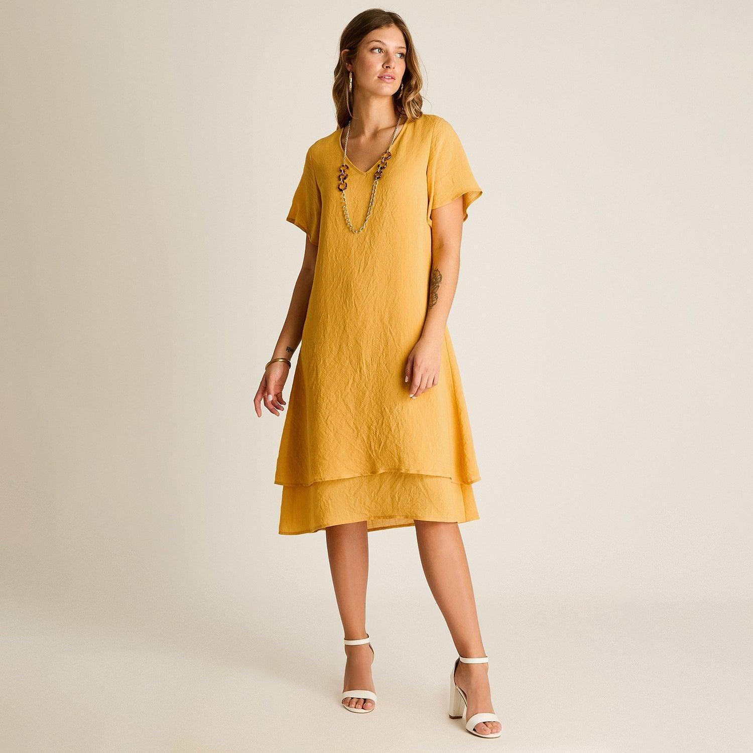 Vestido Midi Mostaza Con Collar-3