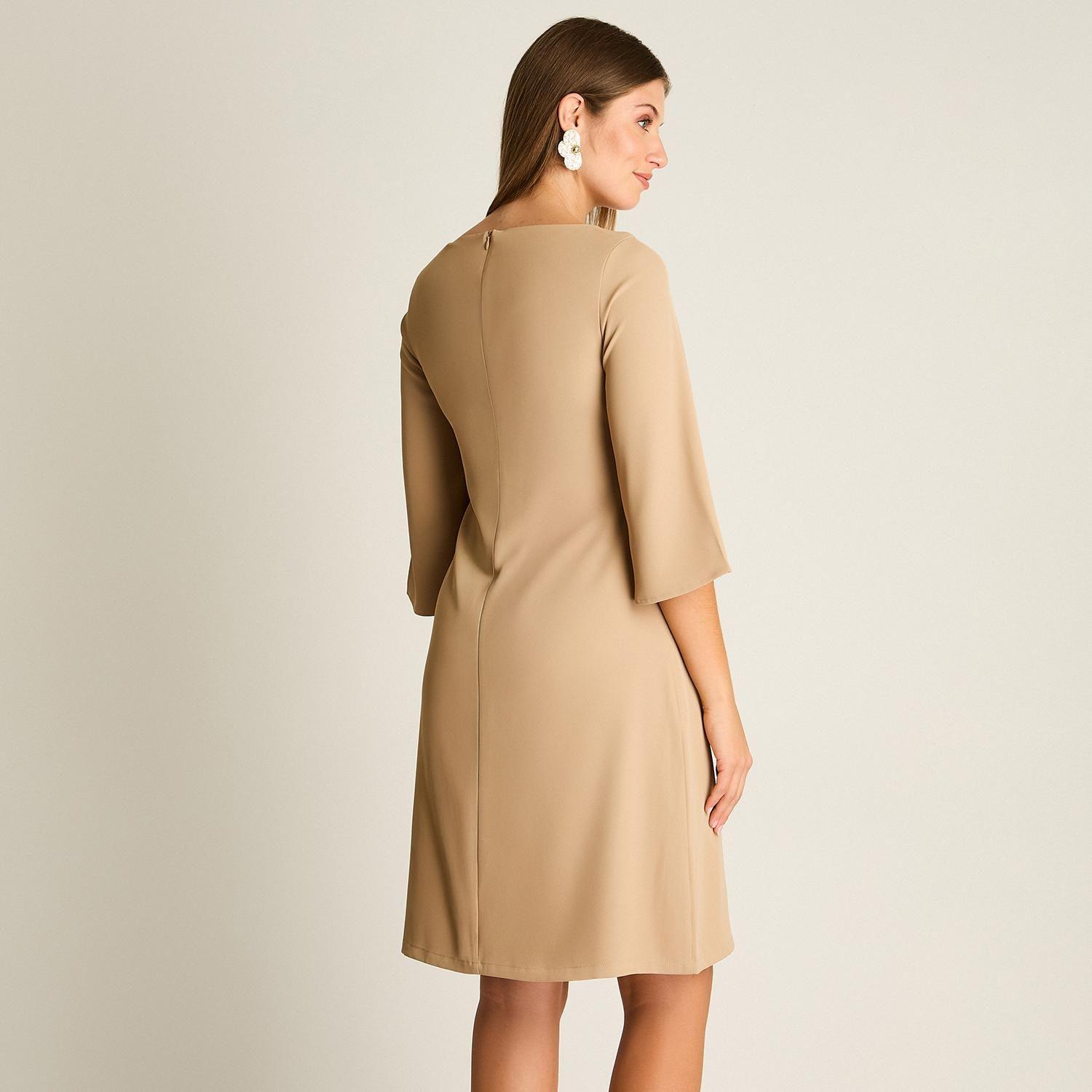Vestido Midi Camel Manga 3/4 Clásico-1