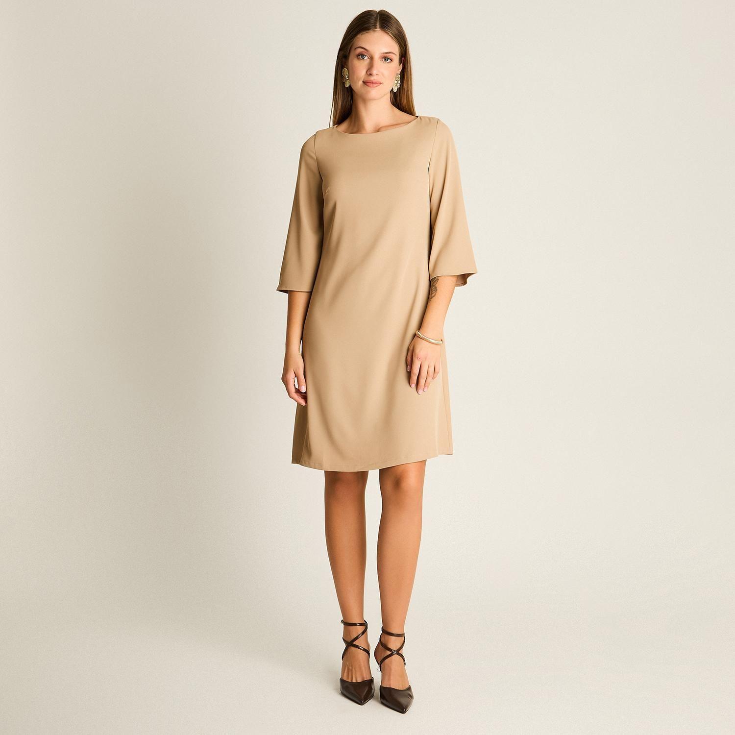 Vestido Midi Camel Manga 3/4 Clásico-3