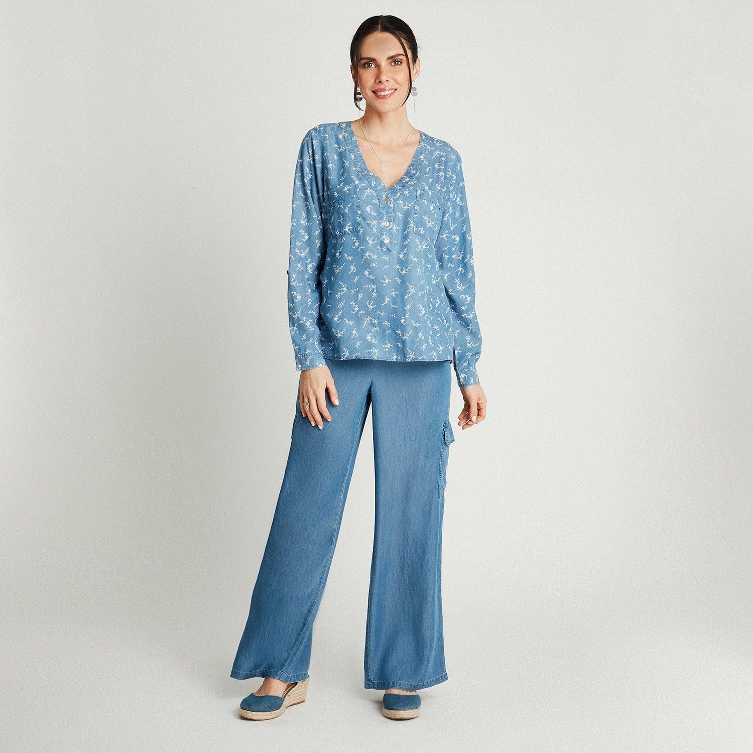 Blusa Azul Medio Manga Larga Cuello V-3