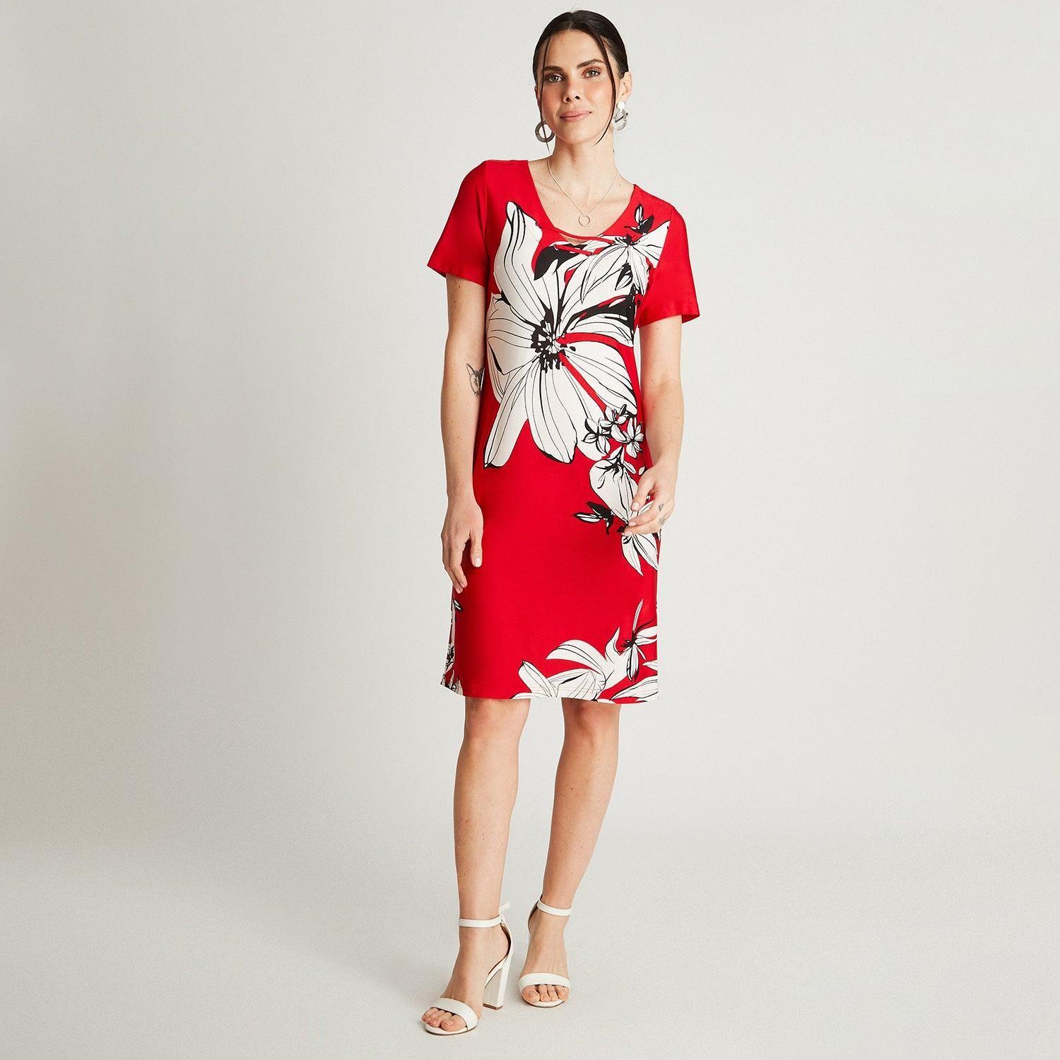 Vestido Midi Rojo Manga Corta Estampado Cuello V-3