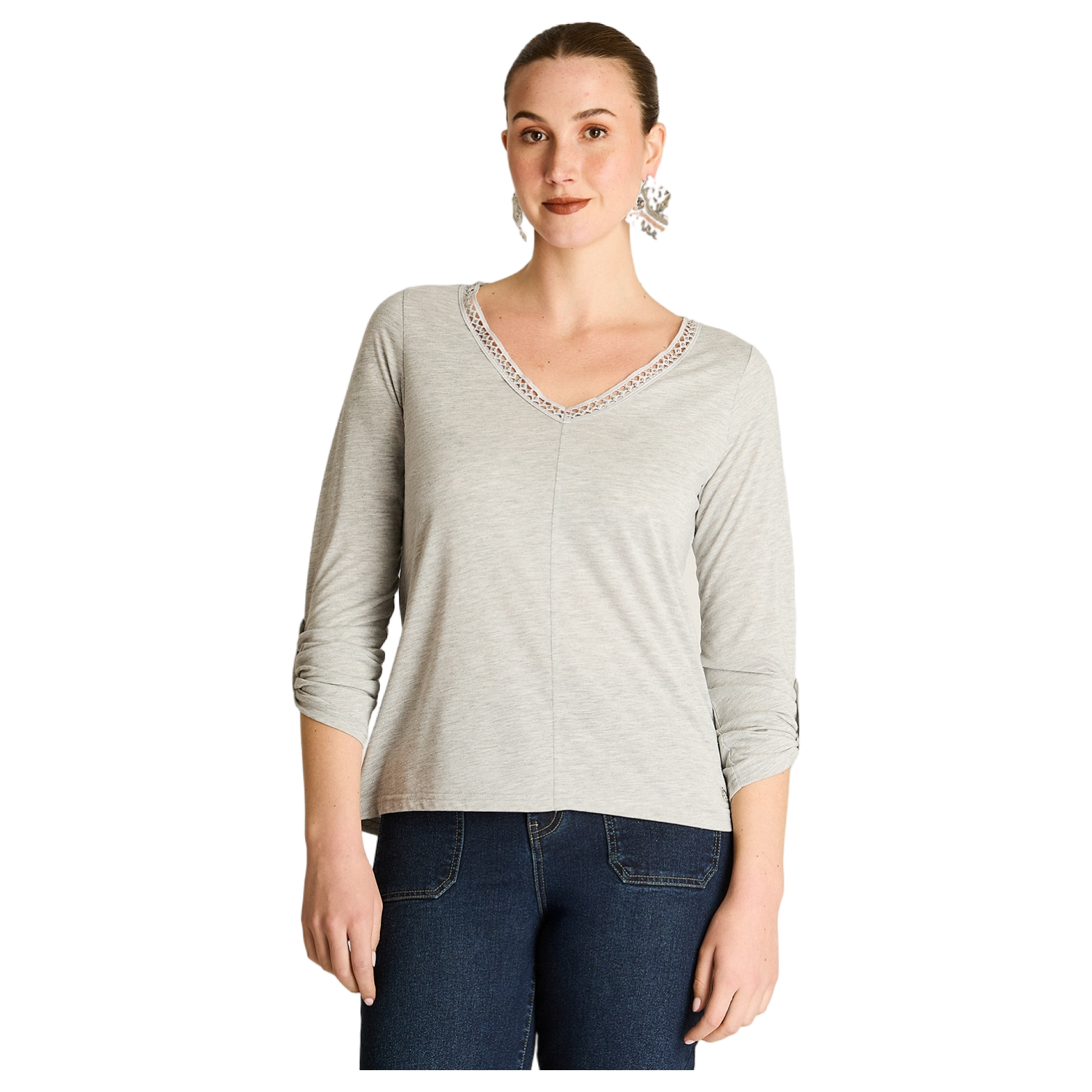 Polera Gris Manga Larga Roll Up con Cuello V y Aplicaciones-0