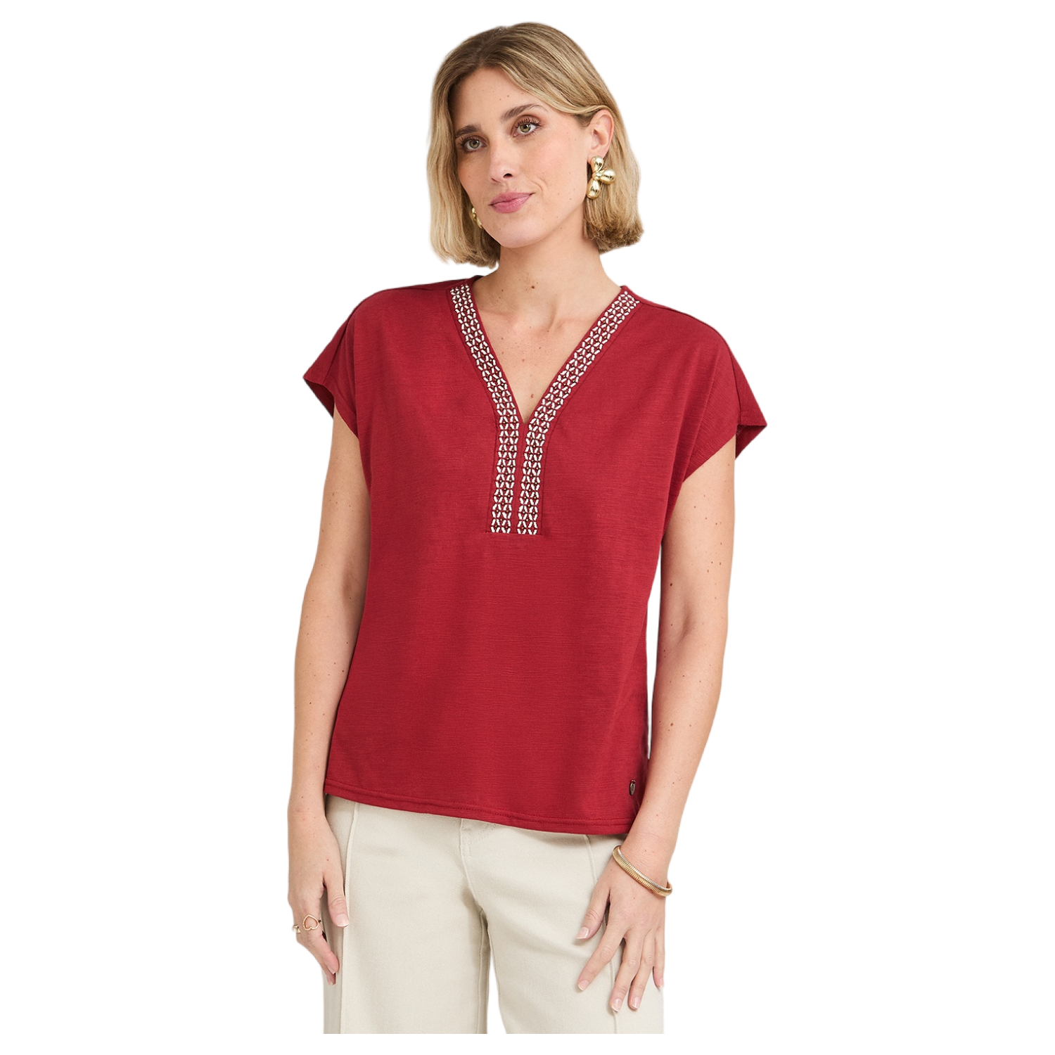 Polera Manga Corta con Aplicación en Escote Rojo-0