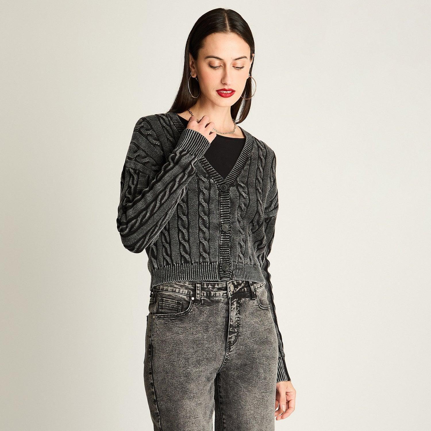 Cardigan Trenzado Con Botones Gris-0