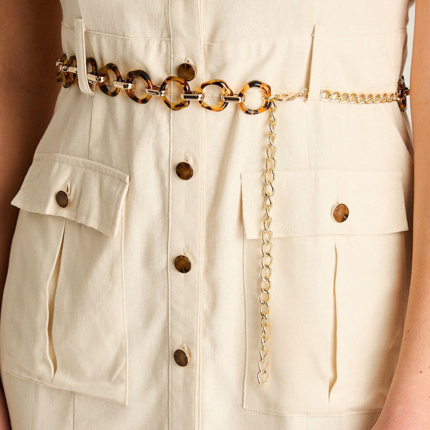 Vestido Corto Lino Arena con Bolsillos y Cinturón-2