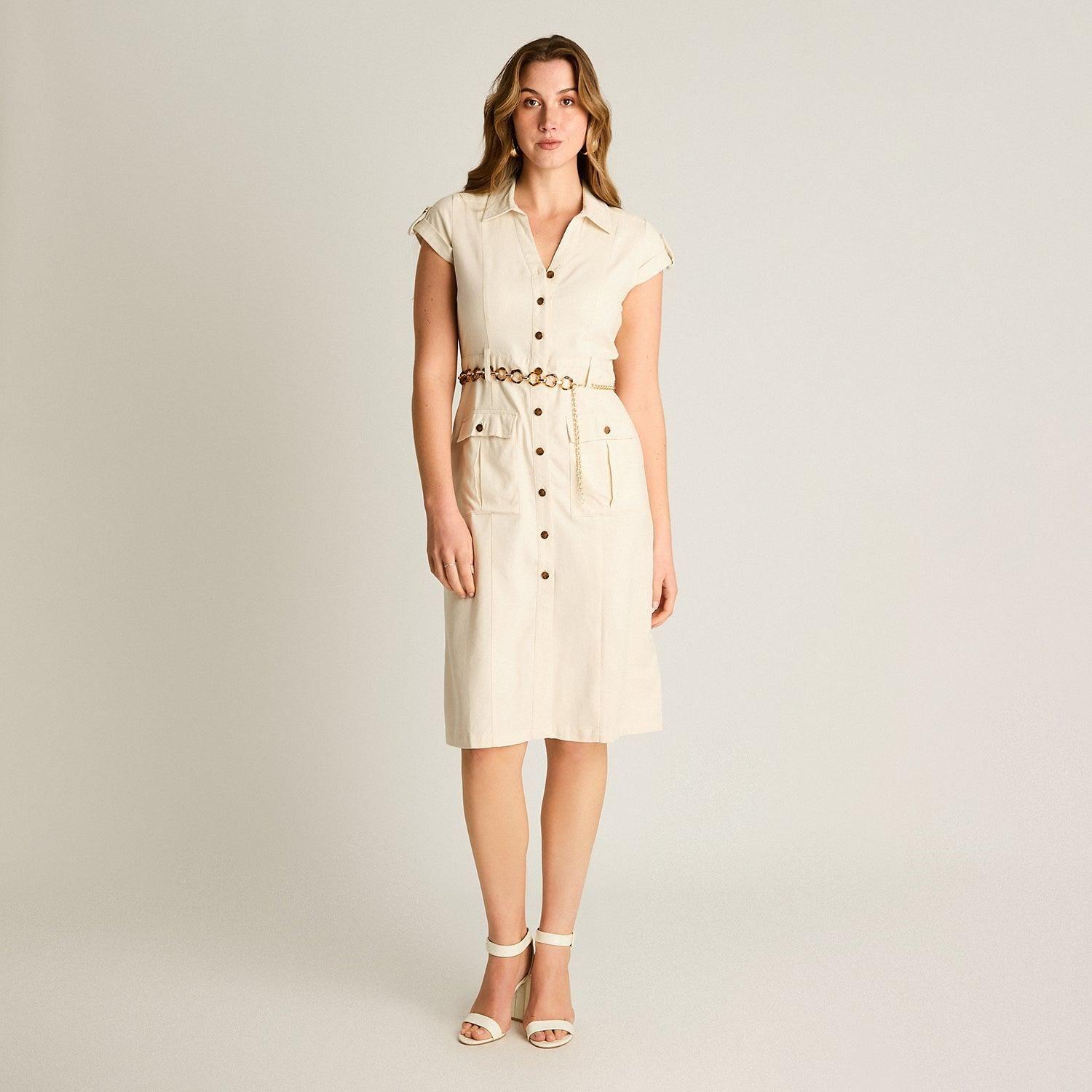 Vestido Corto Lino Arena con Bolsillos y Cinturón-3