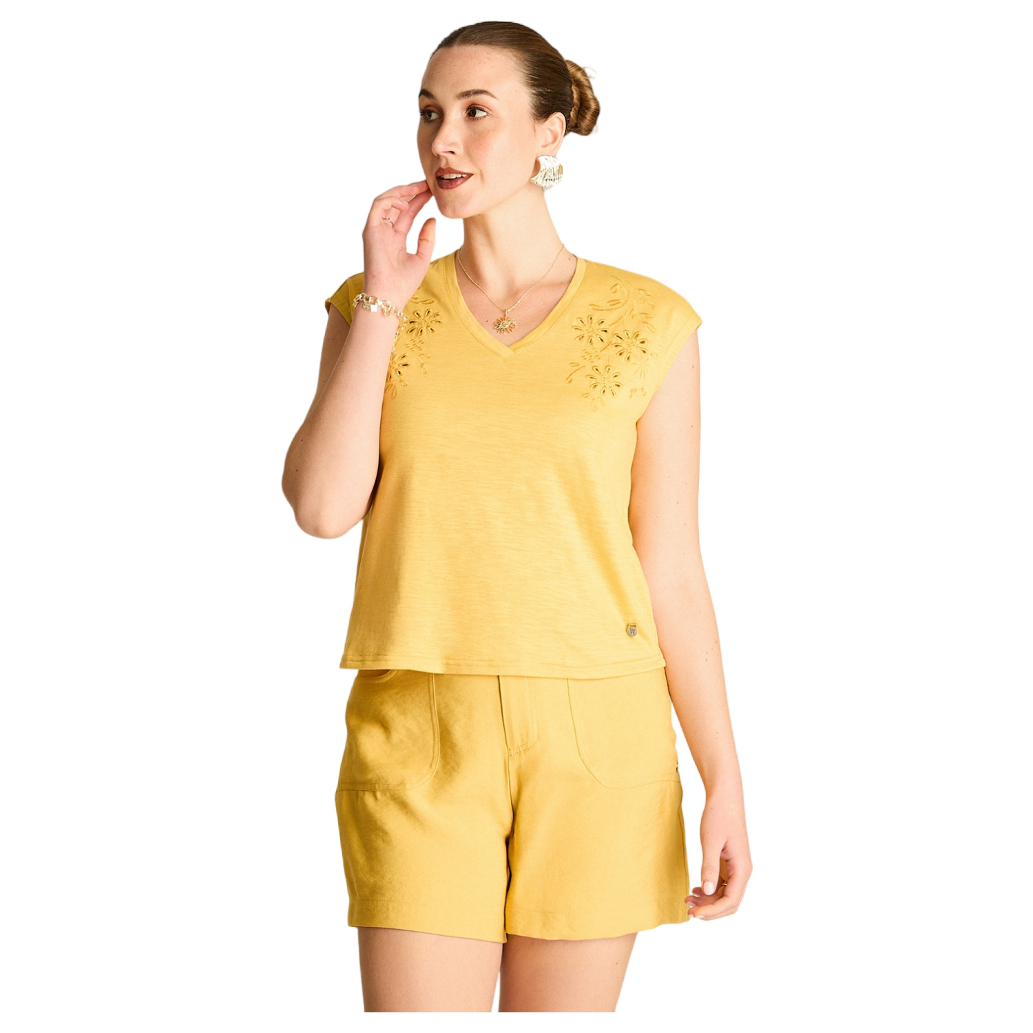 Polera Mostaza Manga Corta con Diseño en los Hombros-0