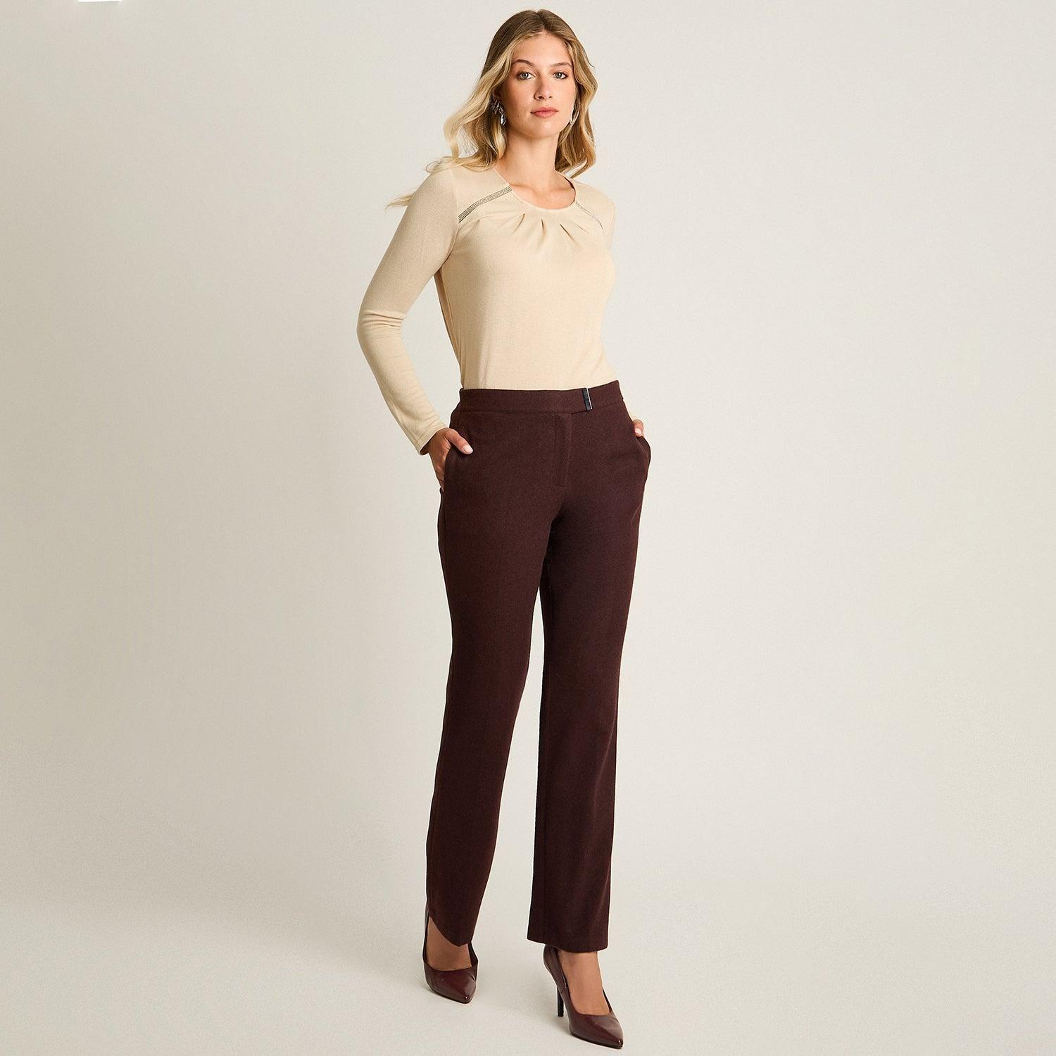 Pantalon Formal Burdeo Elasticidad Nula Sin Forro Calce Normal Tela Plano-3