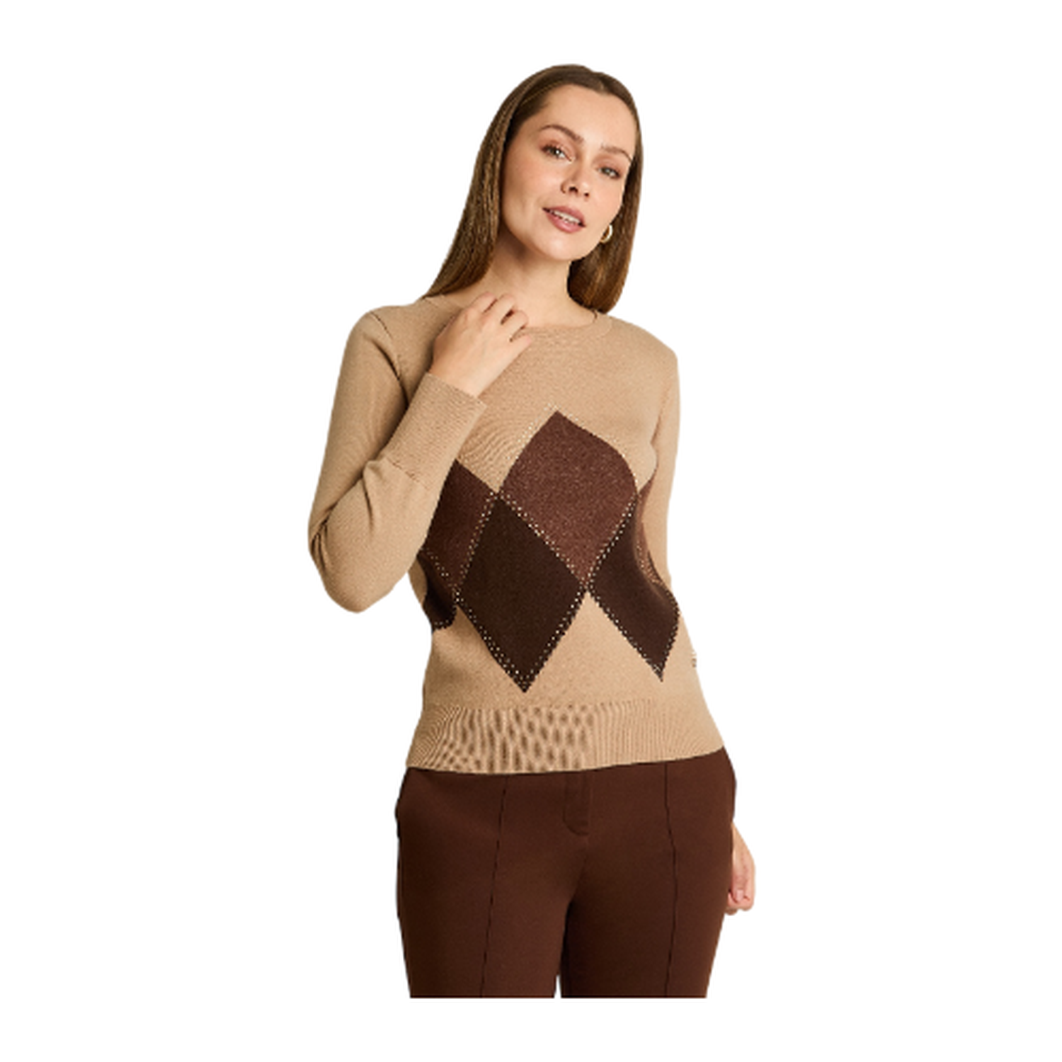 Sweater Camel con Estampado de Rombos y Detalles de Pedrería en Tejido-0