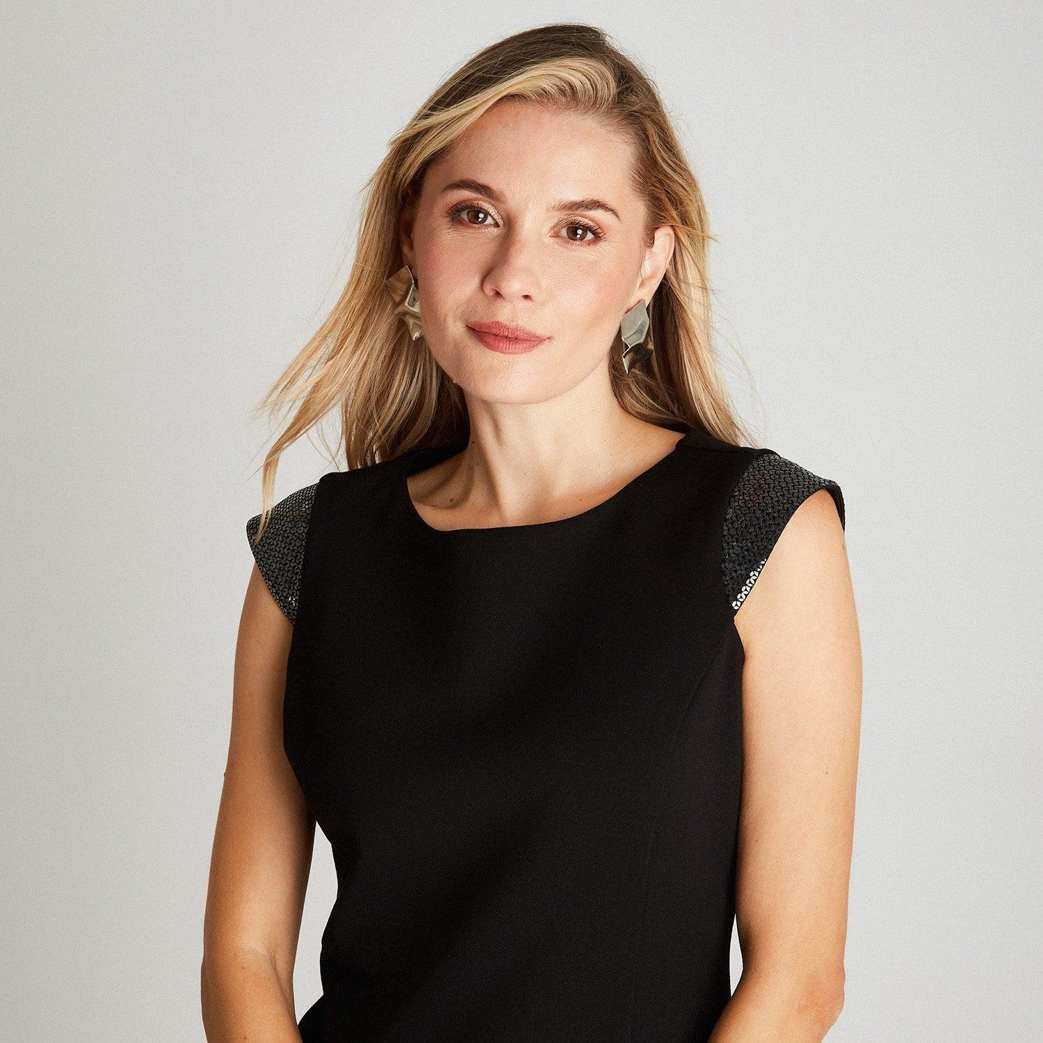 Vestido Midi Negro Sin Manga Cuello Redondo-2