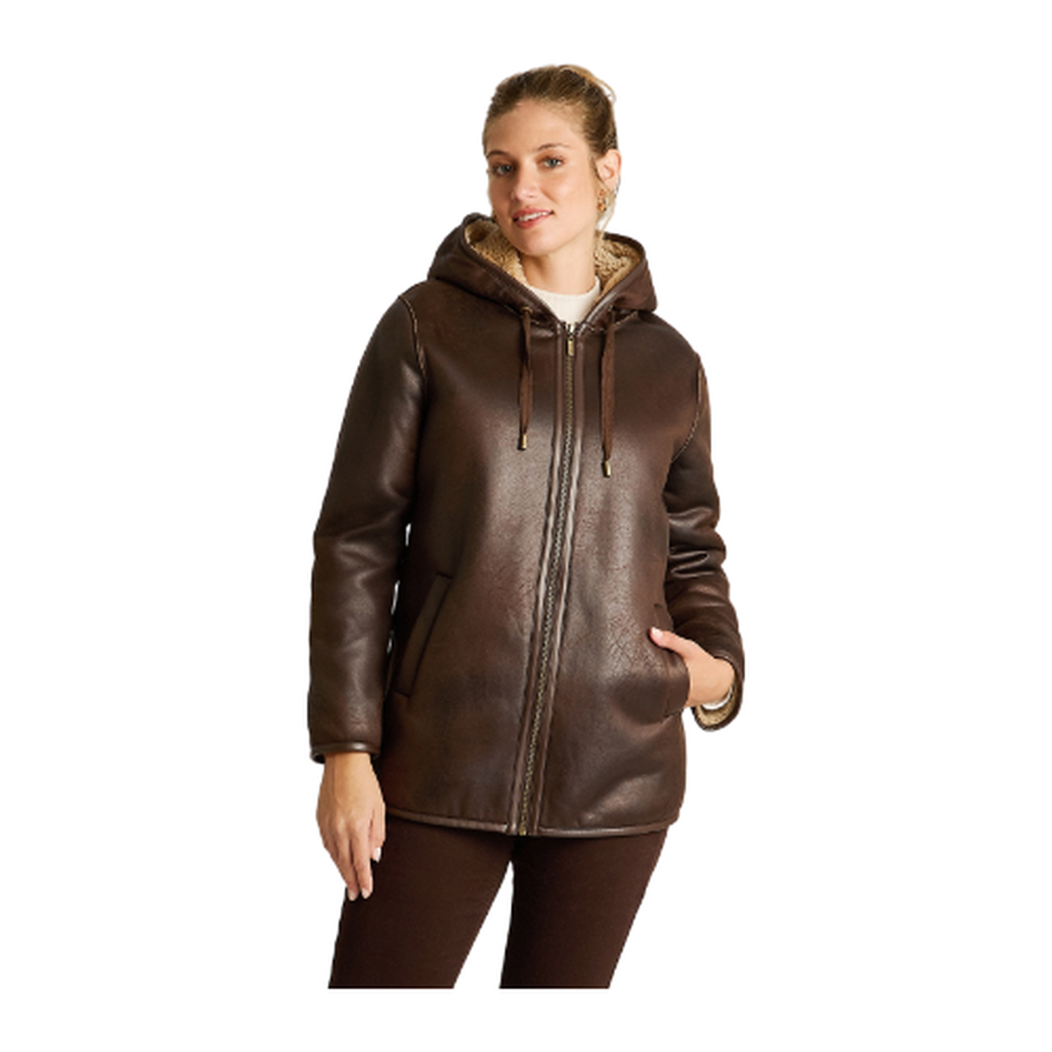 Chaqueta Café de Ecocuero con Gorro y Forro Sherpa-0