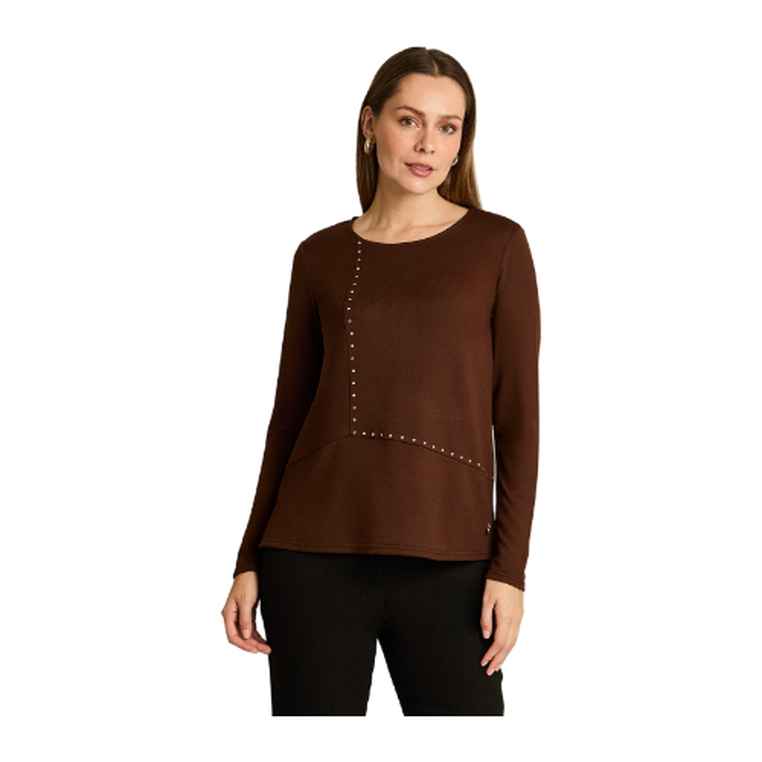 Polera Cafe Manga Larga Elasticidad Media Sin Forro Calce Normal Tela Camant-0