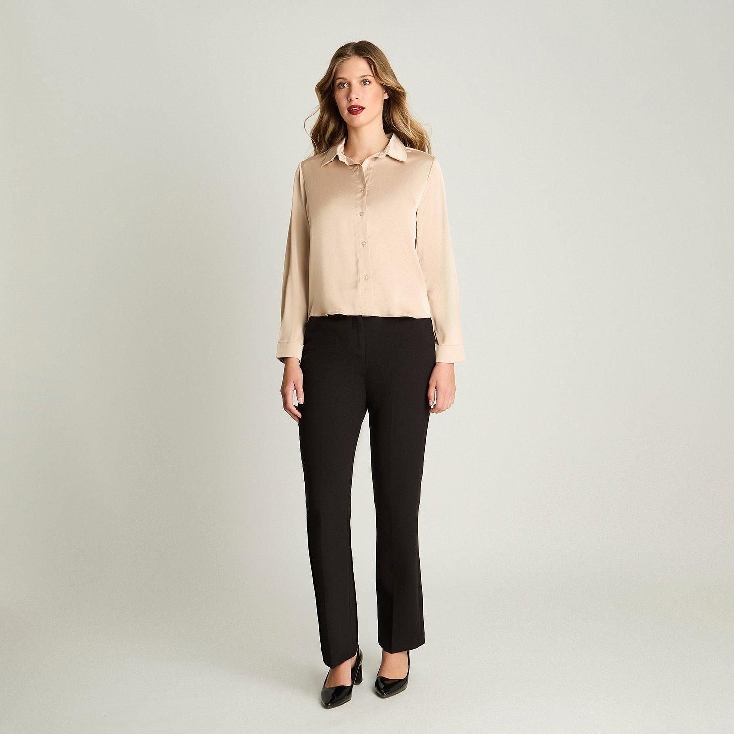 Blusa Manga Larga Camisera Satinada Beige-3