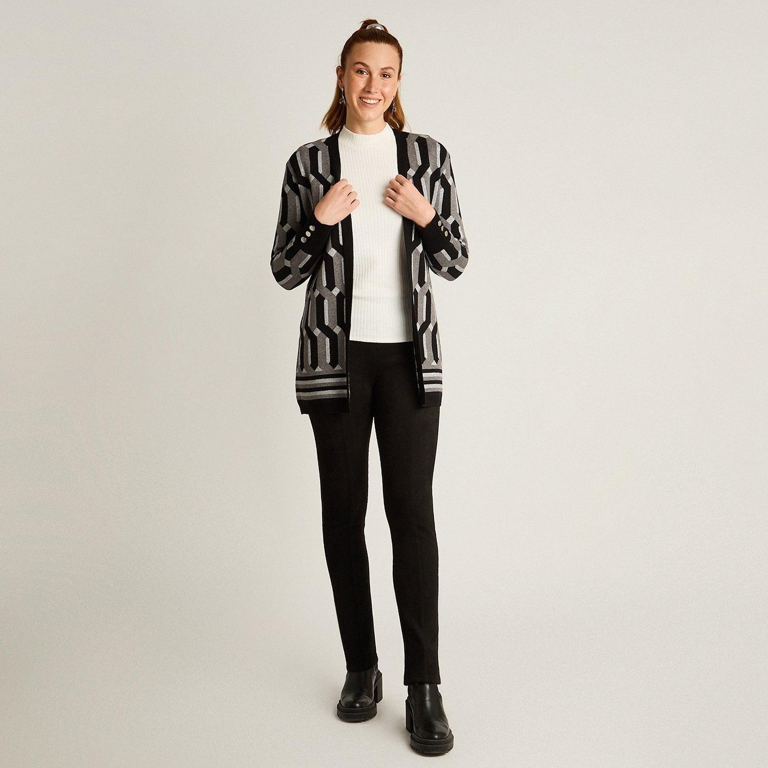 Tapado Negro con Estampado Geométrico Jacquard en Tejido-3