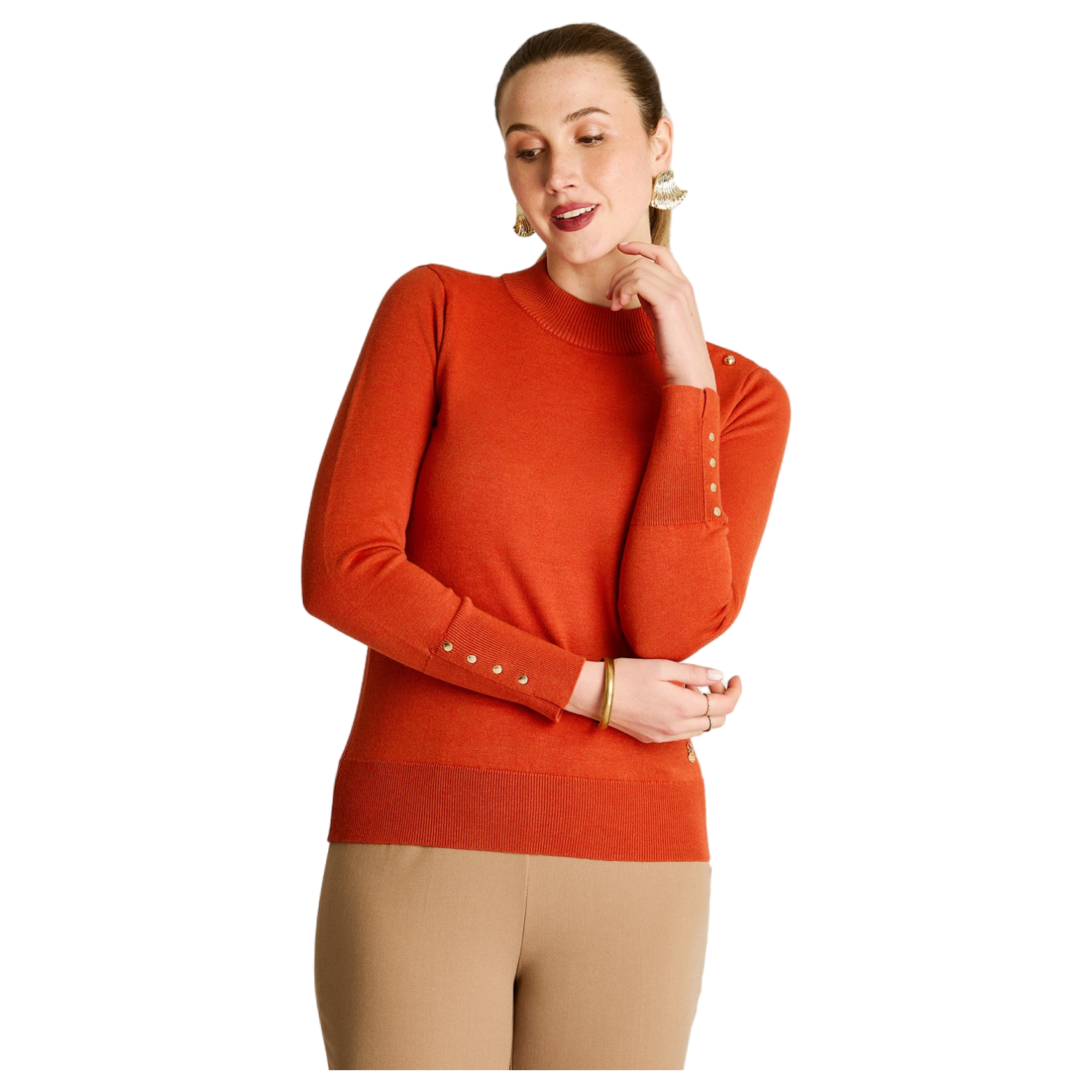 Sweater Terracota Cuello Mock con Botones en Hombro y Mangas-0