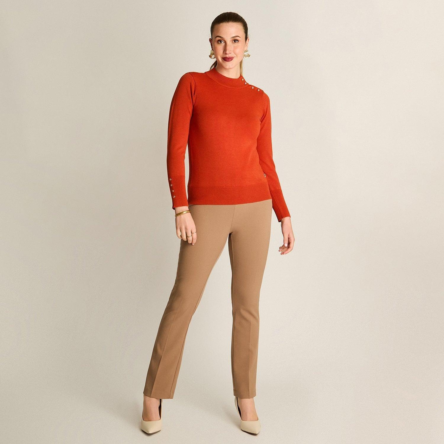 Sweater Terracota Cuello Mock con Botones en Hombro y Mangas-3