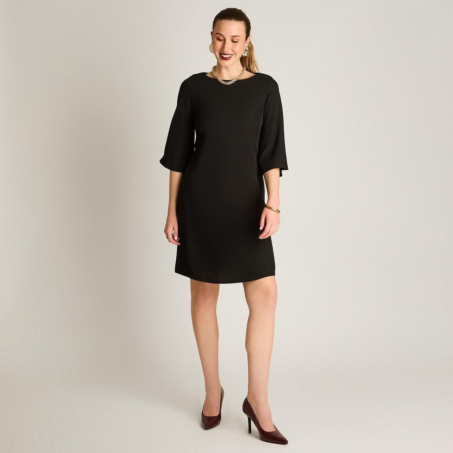 Vestido Midi Negro Manga 3/4 Clásico-3