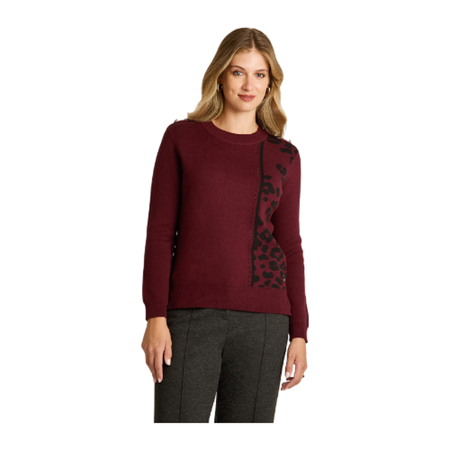Sweater Burdeo con Estampado Animal Print y Detalles de Pedrería en Tejido-0