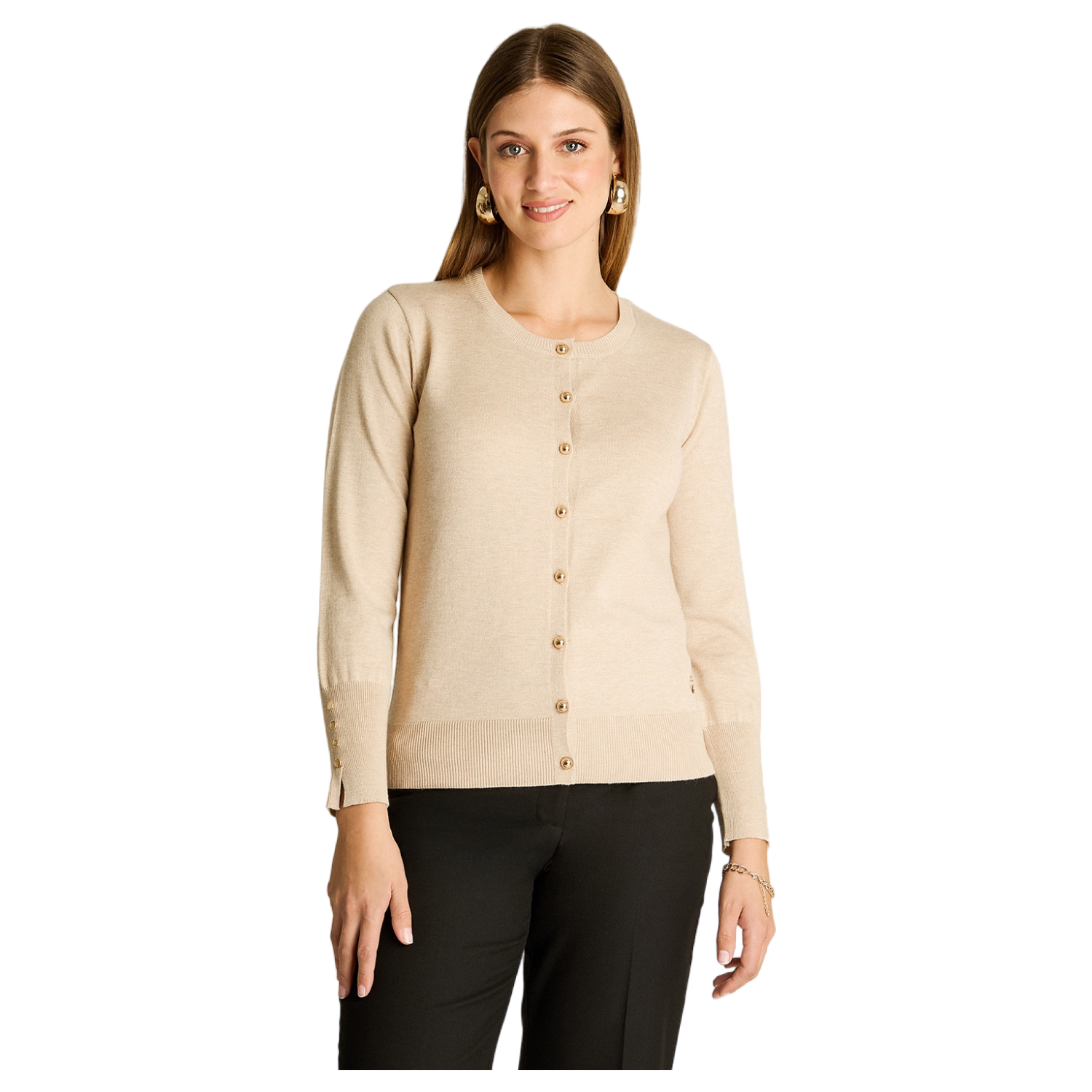Cardigan Beige Cuello Redondo con Botones Frontales y en Manga-0
