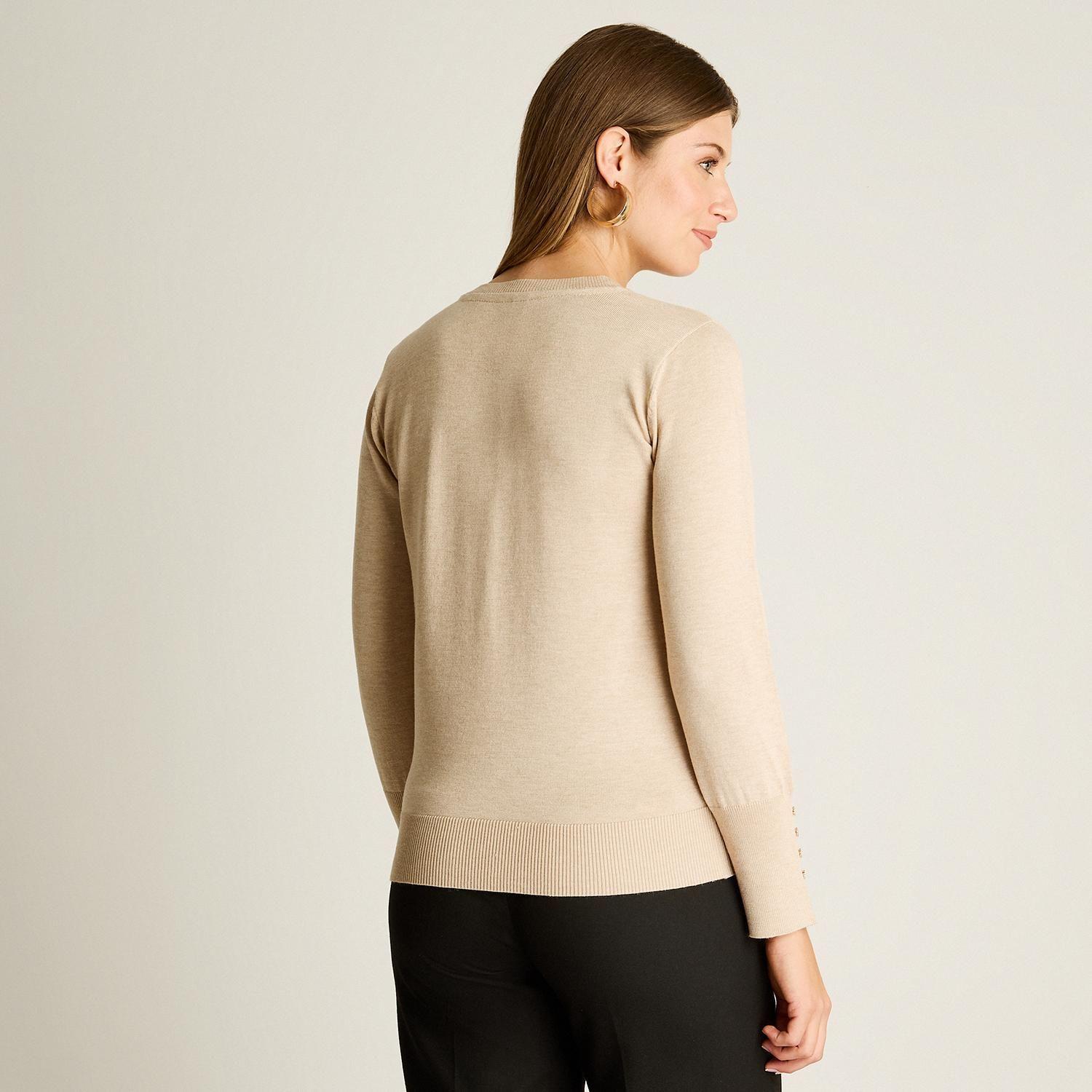 Cardigan Beige Cuello Redondo con Botones Frontales y en Manga-1