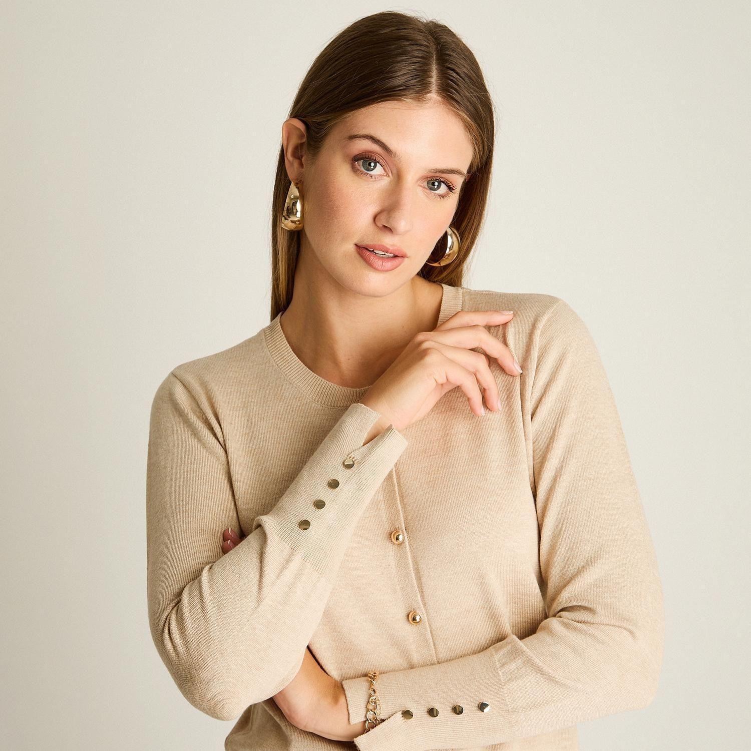 Cardigan Beige Cuello Redondo con Botones Frontales y en Manga-2