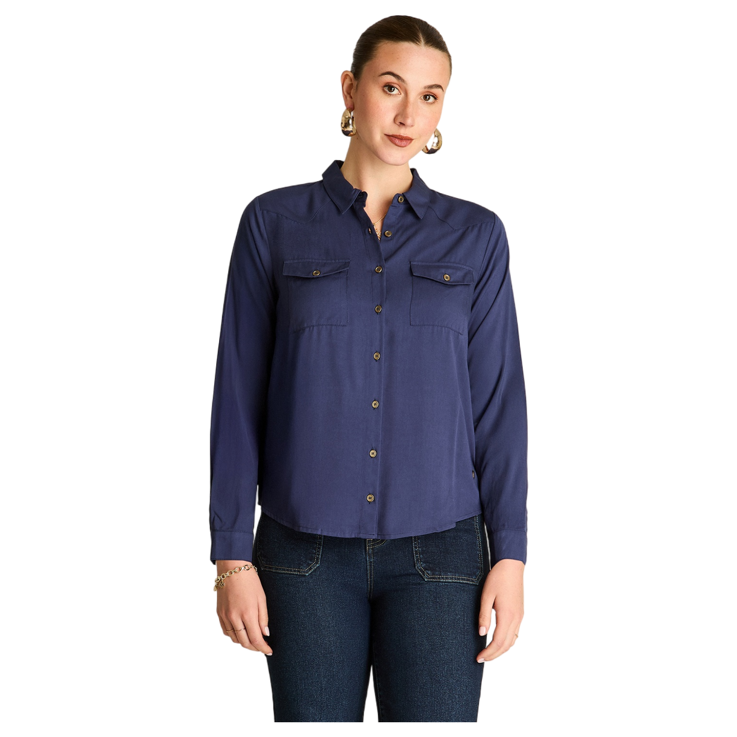 Blusa Camisera Azul Mix Fabric con Espalda Estampada-0