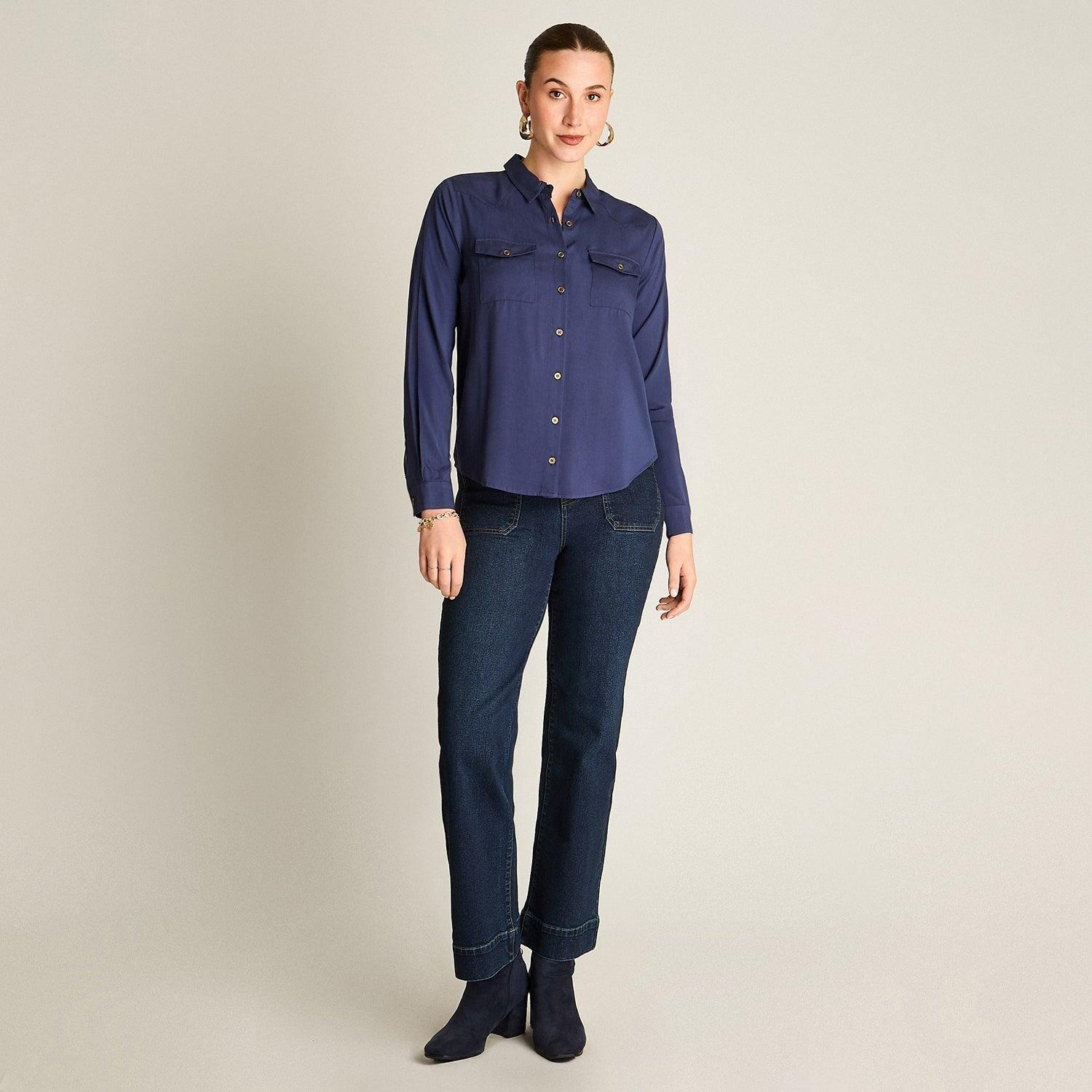 Blusa Camisera Azul Mix Fabric con Espalda Estampada-3