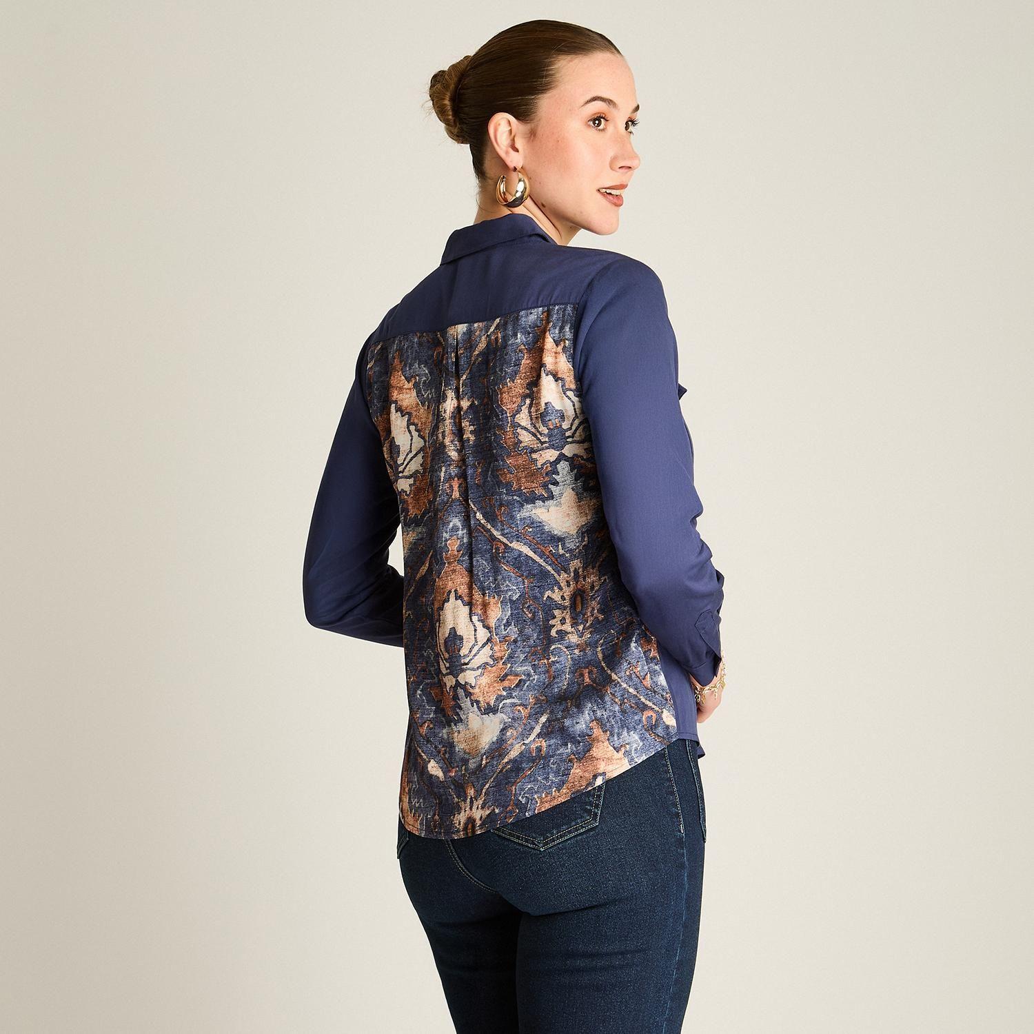 Blusa Camisera Azul Mix Fabric con Espalda Estampada-1